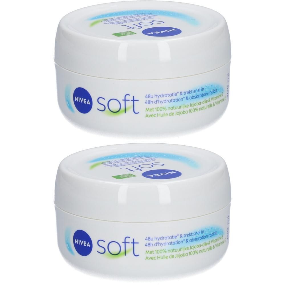 Deux pots blancs NIVEA Soft. Couvercles bleus avec logo. Texte: 48h d'hydratation & absorption rapide. Avec huile de jojoba 100% naturelle & Vitamine E.