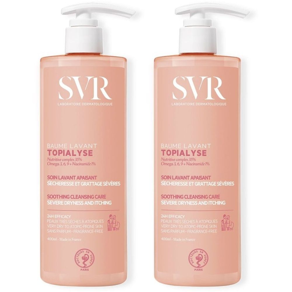 Deux flacons roses avec pompe blanche. Inscription SVR, Topialyse Baume Lavant. Texte: Soin lavant apaisant, 24h.