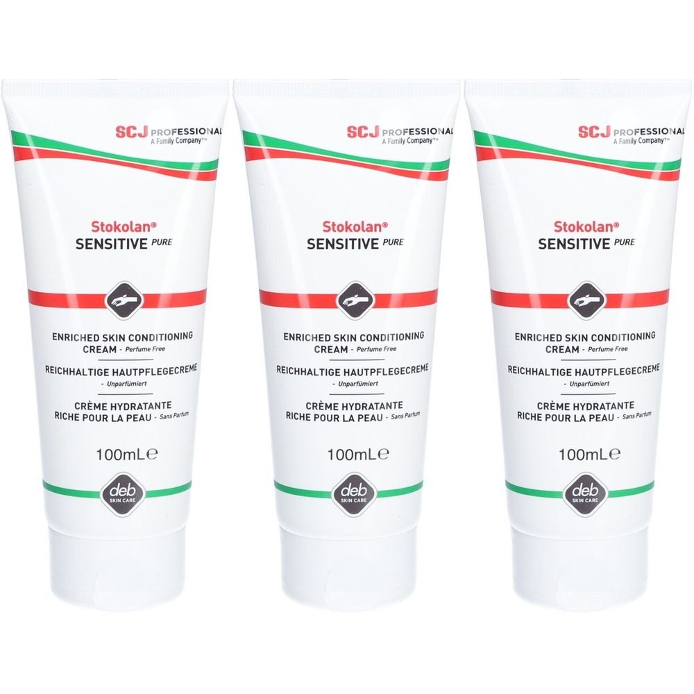 Trois tubes blancs avec des inscriptions rouges et vertes. Chaque tube porte l'inscription "Stokolan Sensitive Pure" et "100ml".