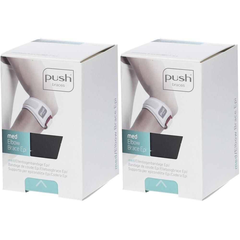 Deux boîtes blanches de bandage de coude Push Med. Image du produit et texte sur l'emballage.