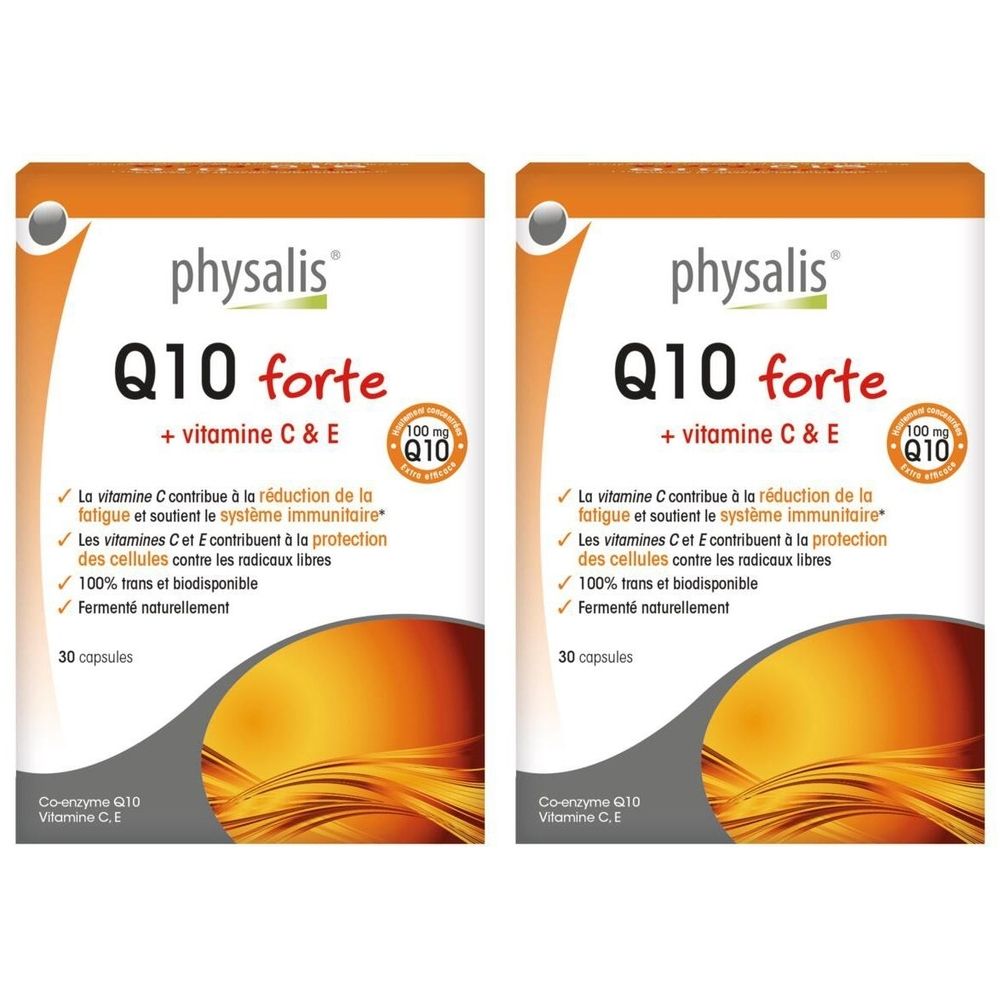 Deux boîtes Physalis Q10 forte. Emballage orange et blanc avec nom et informations. 30 capsules.