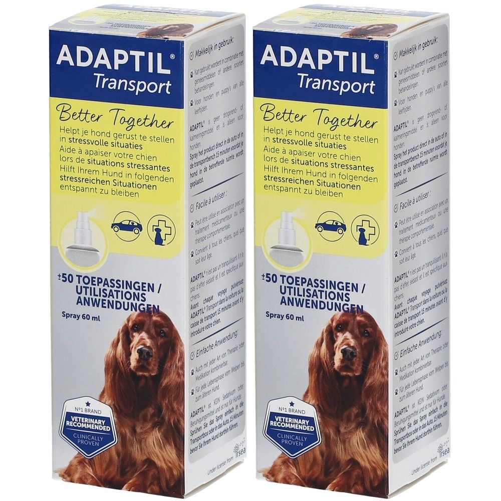 Deux sprays ADAPTIL Transport. Emballage jaune et blanc avec nom du produit, image de chien et texte. Contient 50 utilisations.