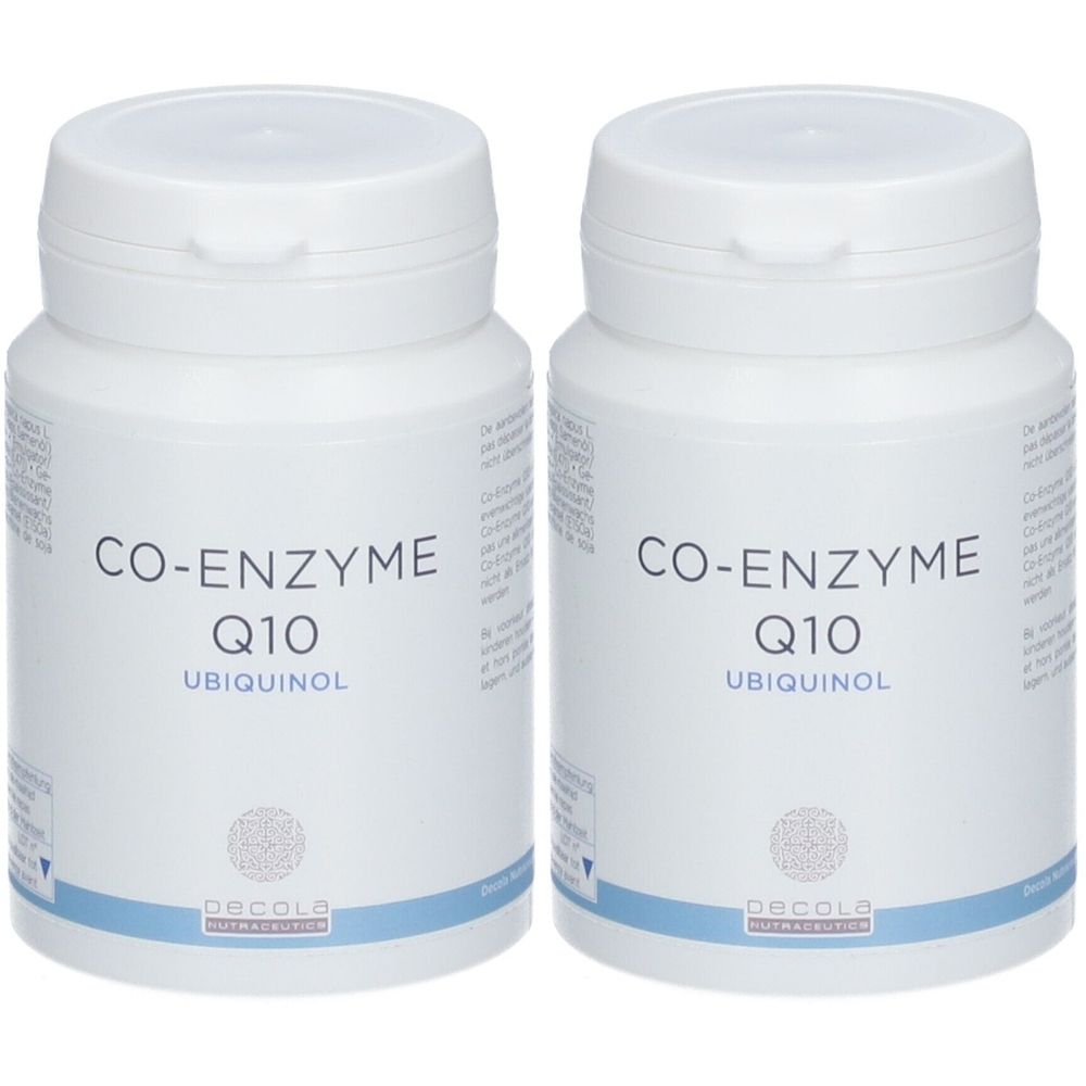 Deux flacons blancs avec bouchon à vis. Inscription : Co-Enzyme Q10 Ubiquinol. Logo Decola Pharma.