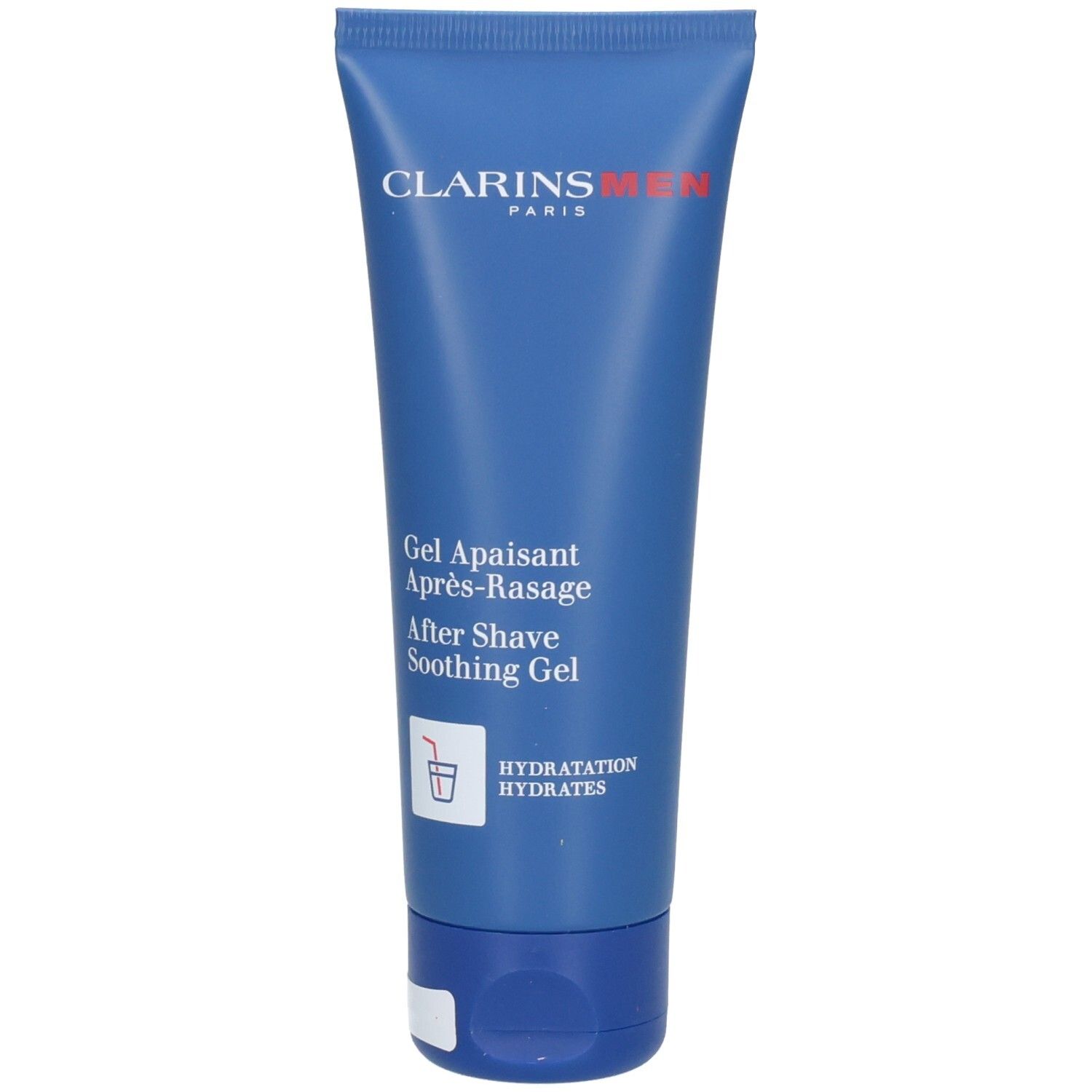 Tube de Gel Apaisant Après-Rasage Clarins Men. Tube bleu avec inscriptions blanches et rouges.
