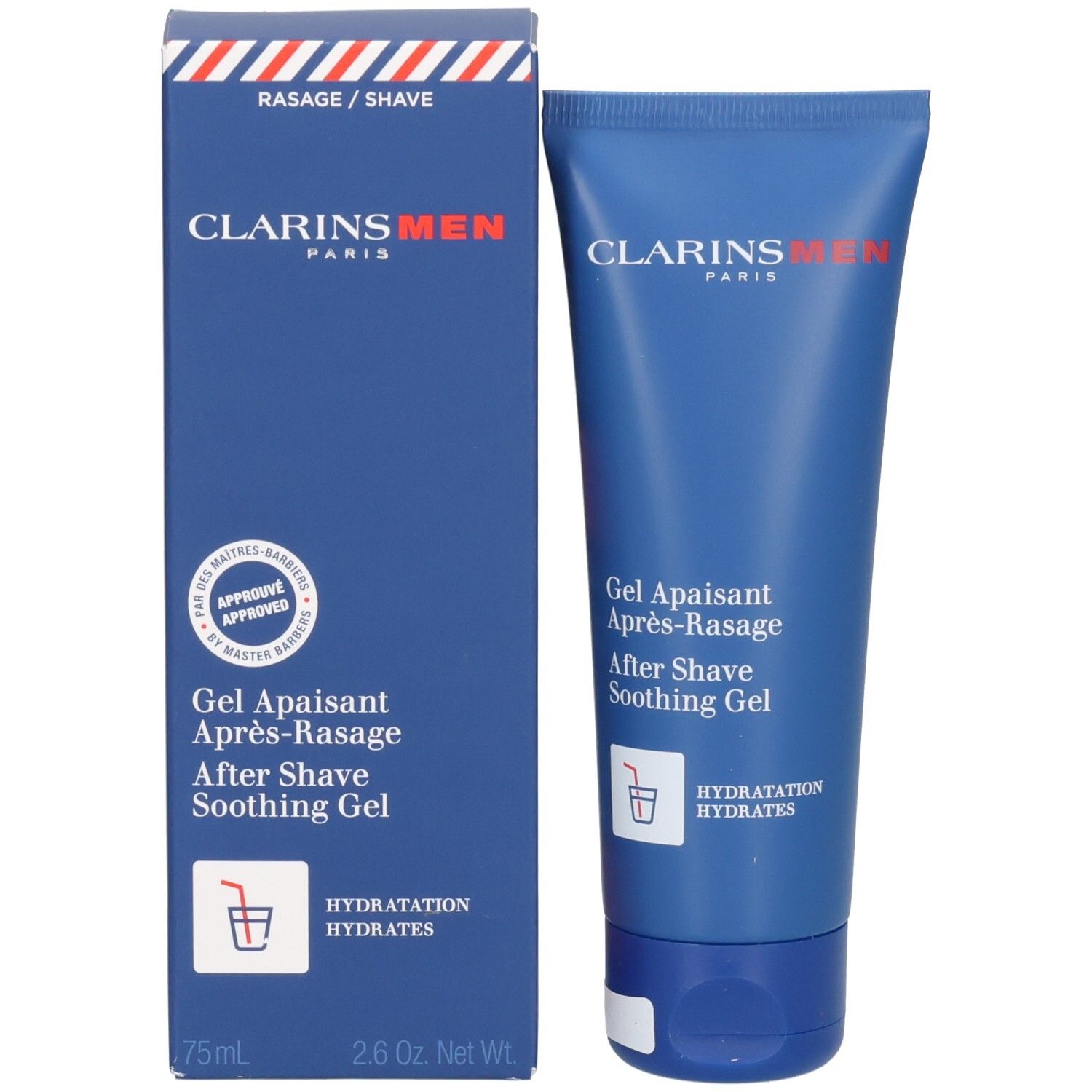 Tube et emballage de Gel Apaisant Après-Rasage Clarins Men. Tube et boîte bleus avec accents rouges et blancs.