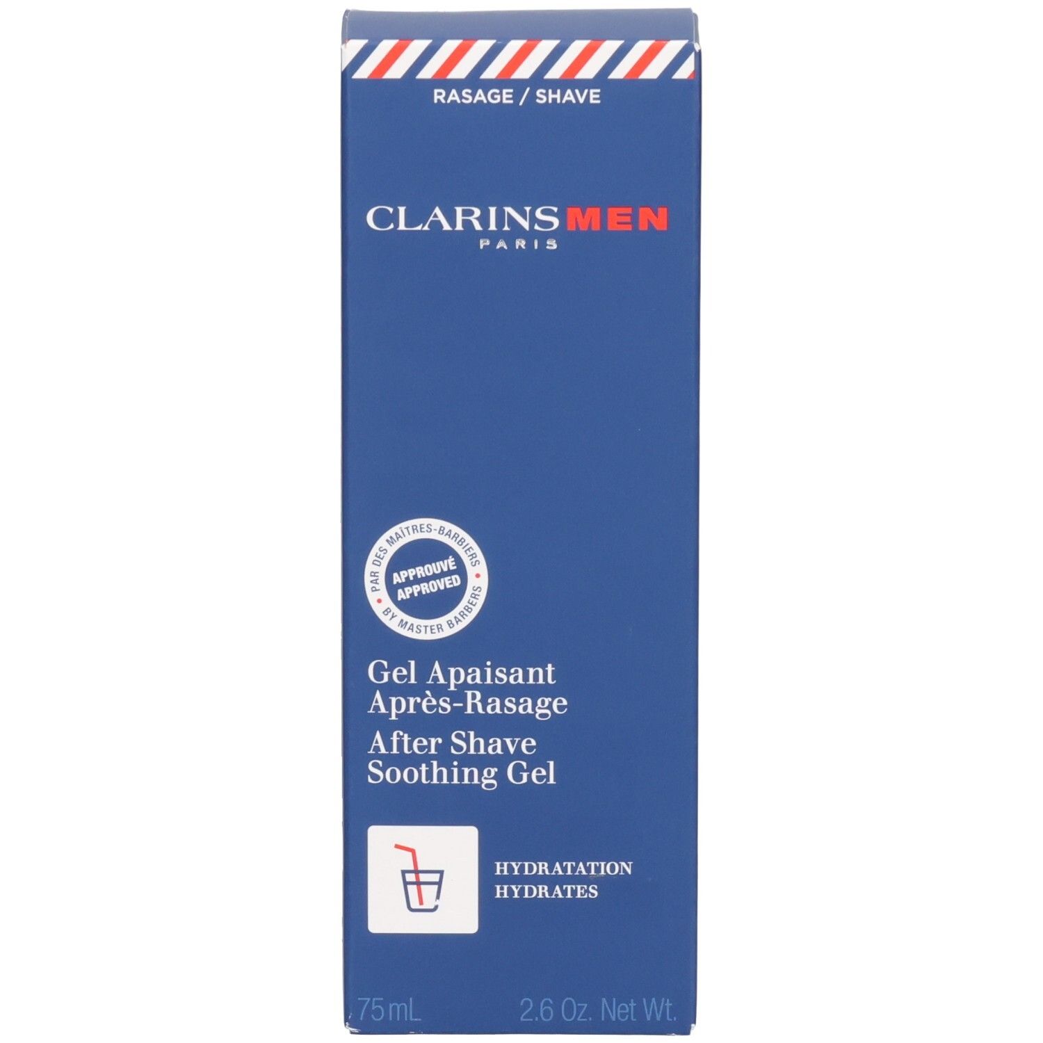 Tube et emballage de Gel Apaisant Après-Rasage Clarins Men. Tube et boîte bleus avec accents rouges et blancs.