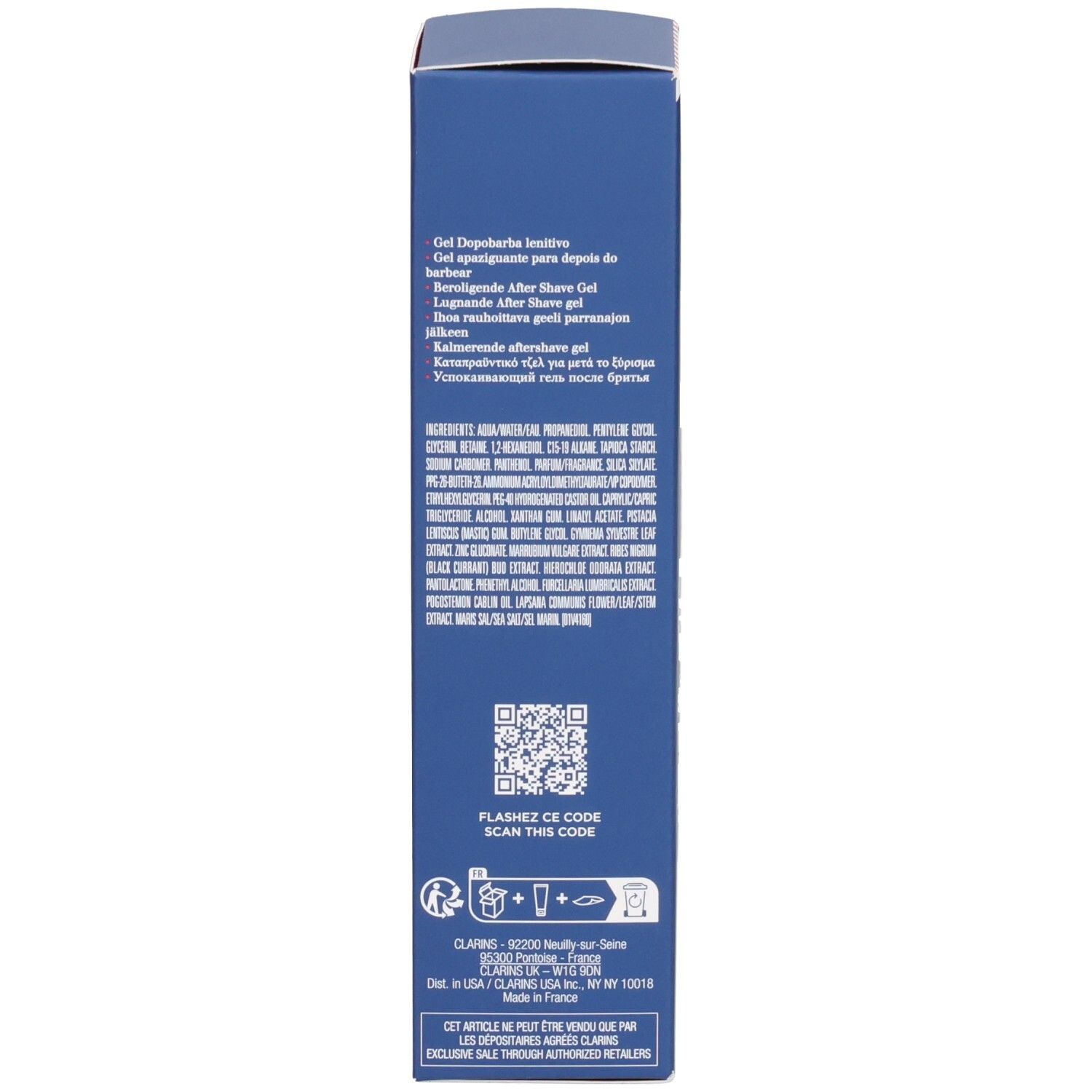 Côté d'une boîte de Gel Apaisant Après-Rasage Clarins Men avec informations produit et code QR.