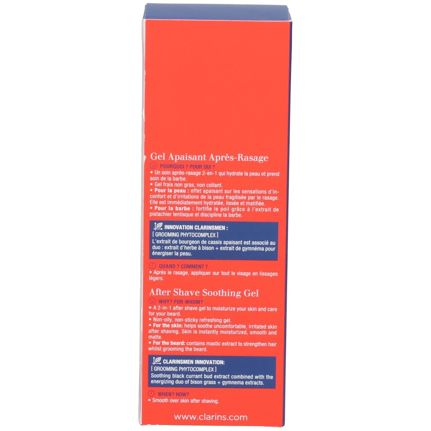 Côté d'une boîte de Gel Apaisant Après-Rasage Clarins Men avec bénéfices et innovations produit.