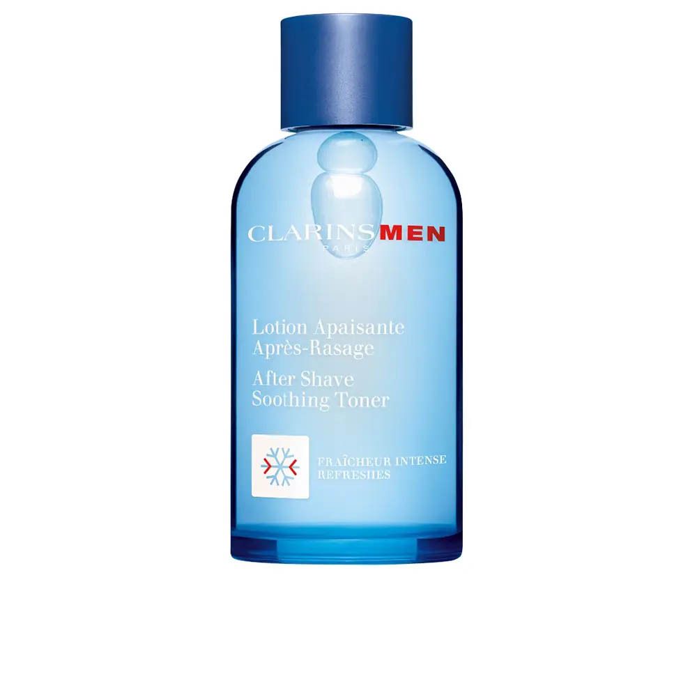 ClarinsMen Lotion Apaisante Après-Rasage dans une bouteille bleue.