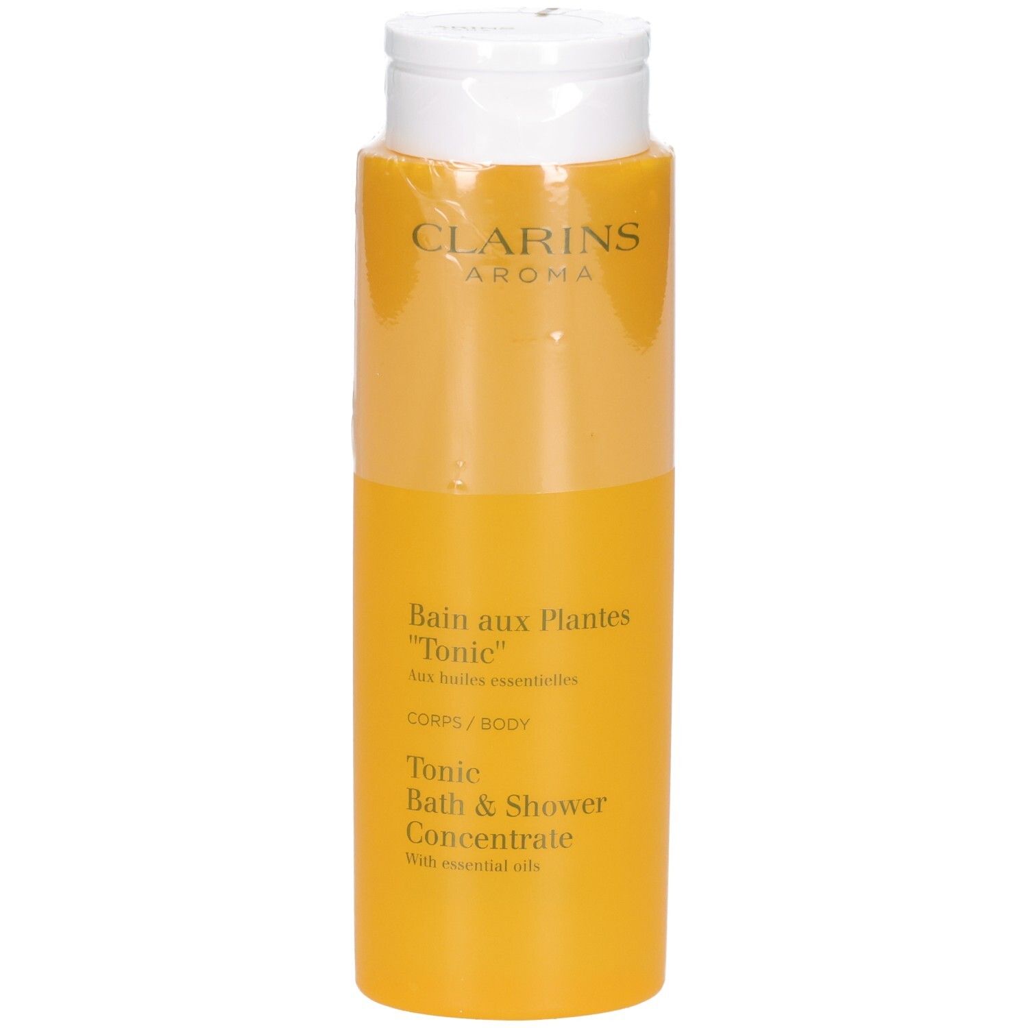 Concentré Bain & Douche Tonic Clarins dans une bouteille jaune avec un bouchon rabattable blanc.