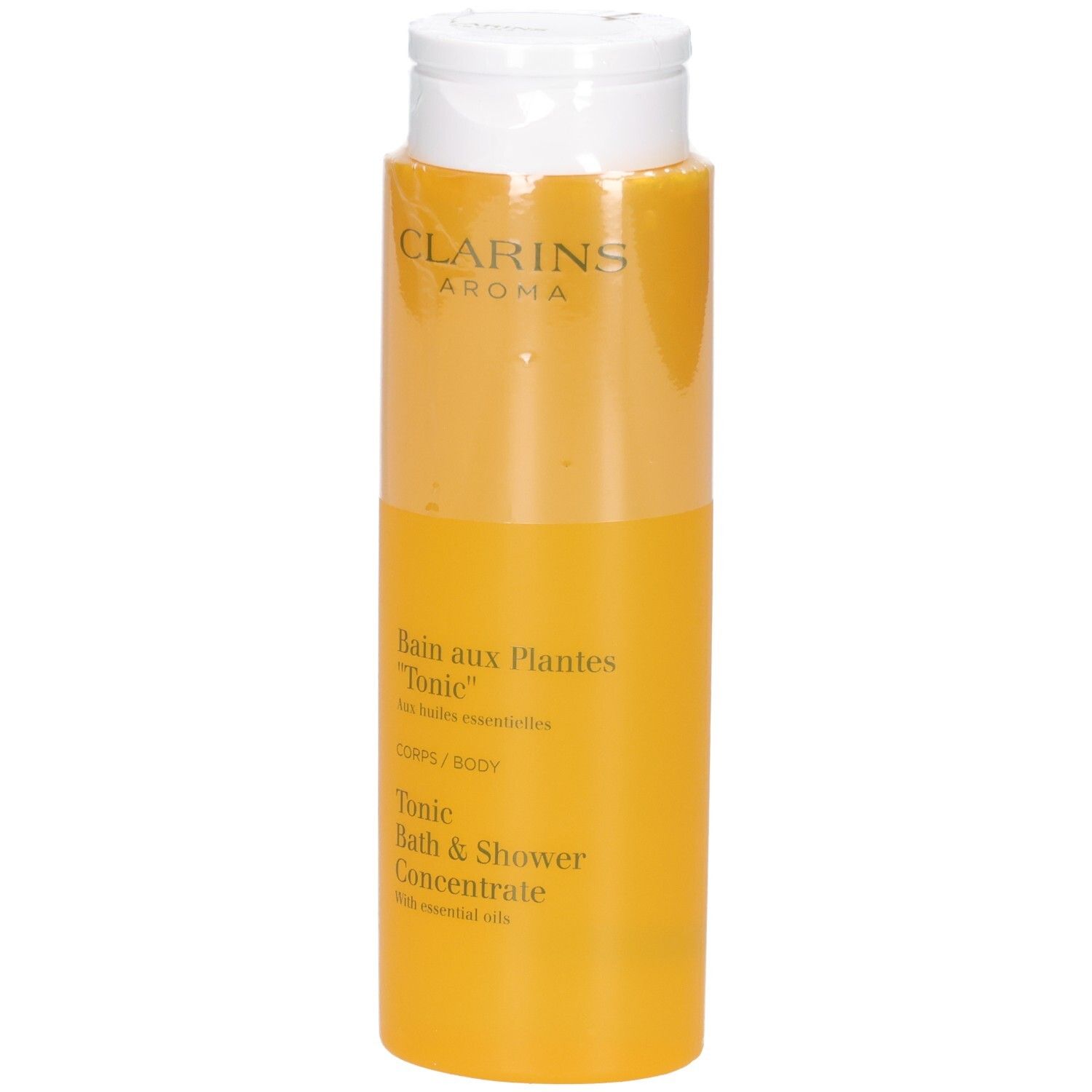 Concentré Bain & Douche Tonic Clarins dans une bouteille jaune avec un bouchon rabattable blanc.