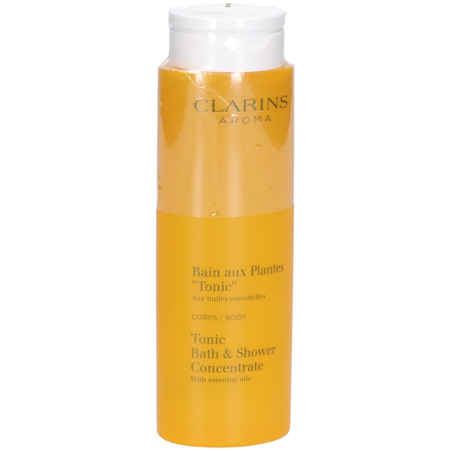 Concentré Bain & Douche Tonic Clarins dans une bouteille jaune avec un bouchon rabattable blanc.