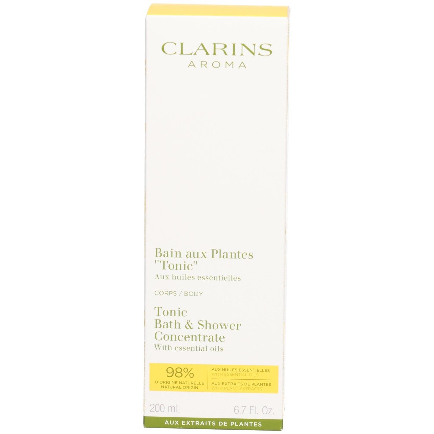 Boîte d'emballage pour le Concentré Bain & Douche Tonic Clarins avec informations sur le produit.