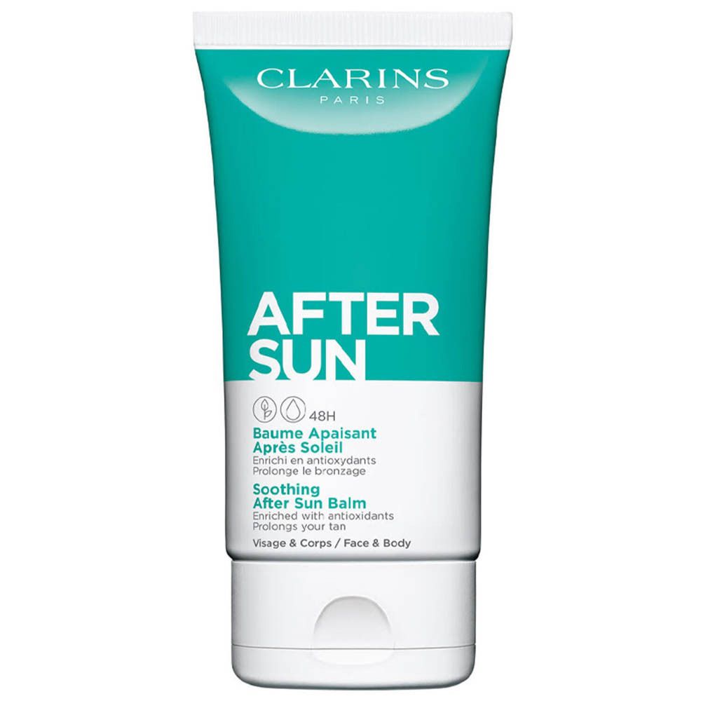 Tube de Baume Après-Soleil Clarins 150ml. Turquoise et blanc.