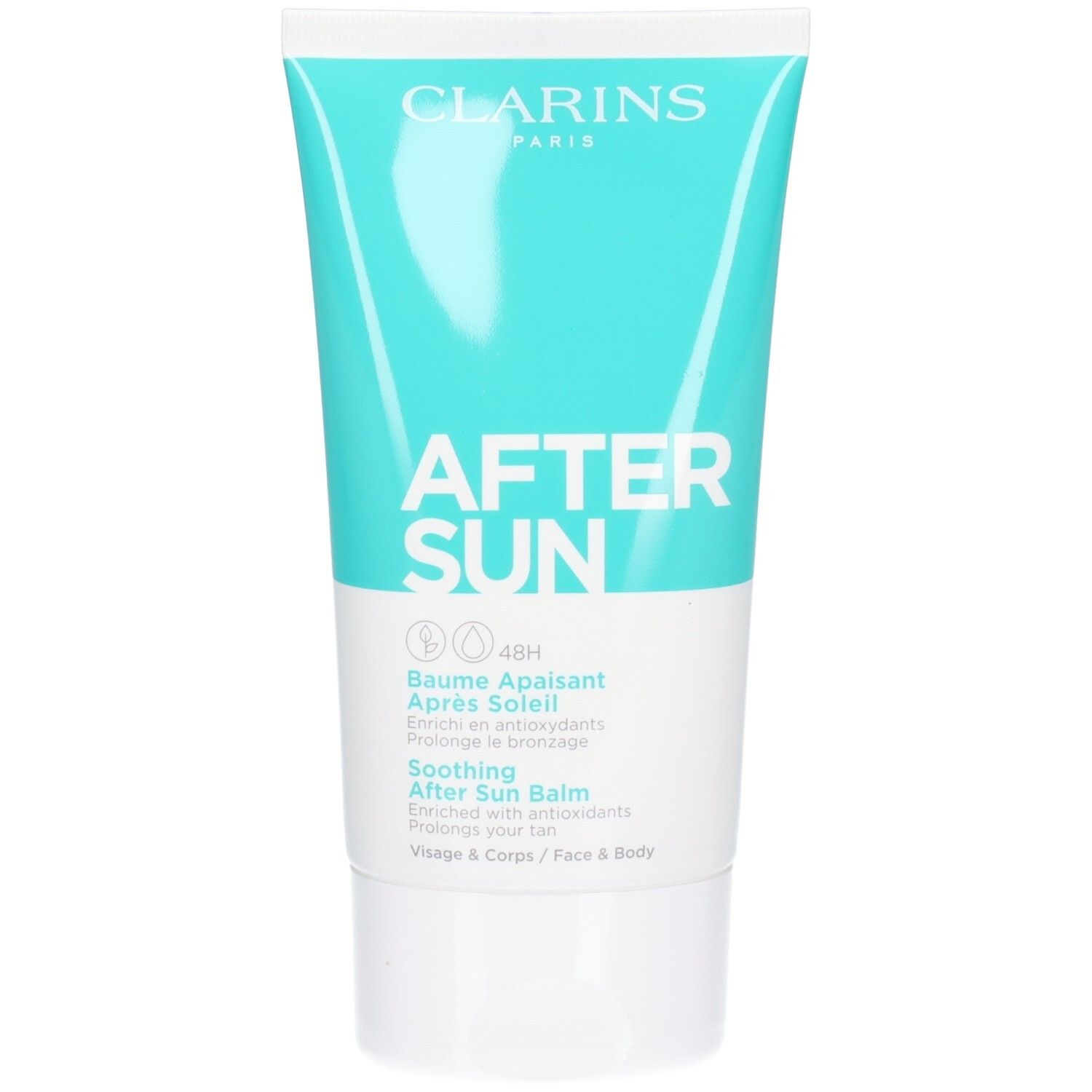 Tube de Baume Après-Soleil Clarins 150ml. Turquoise et blanc.