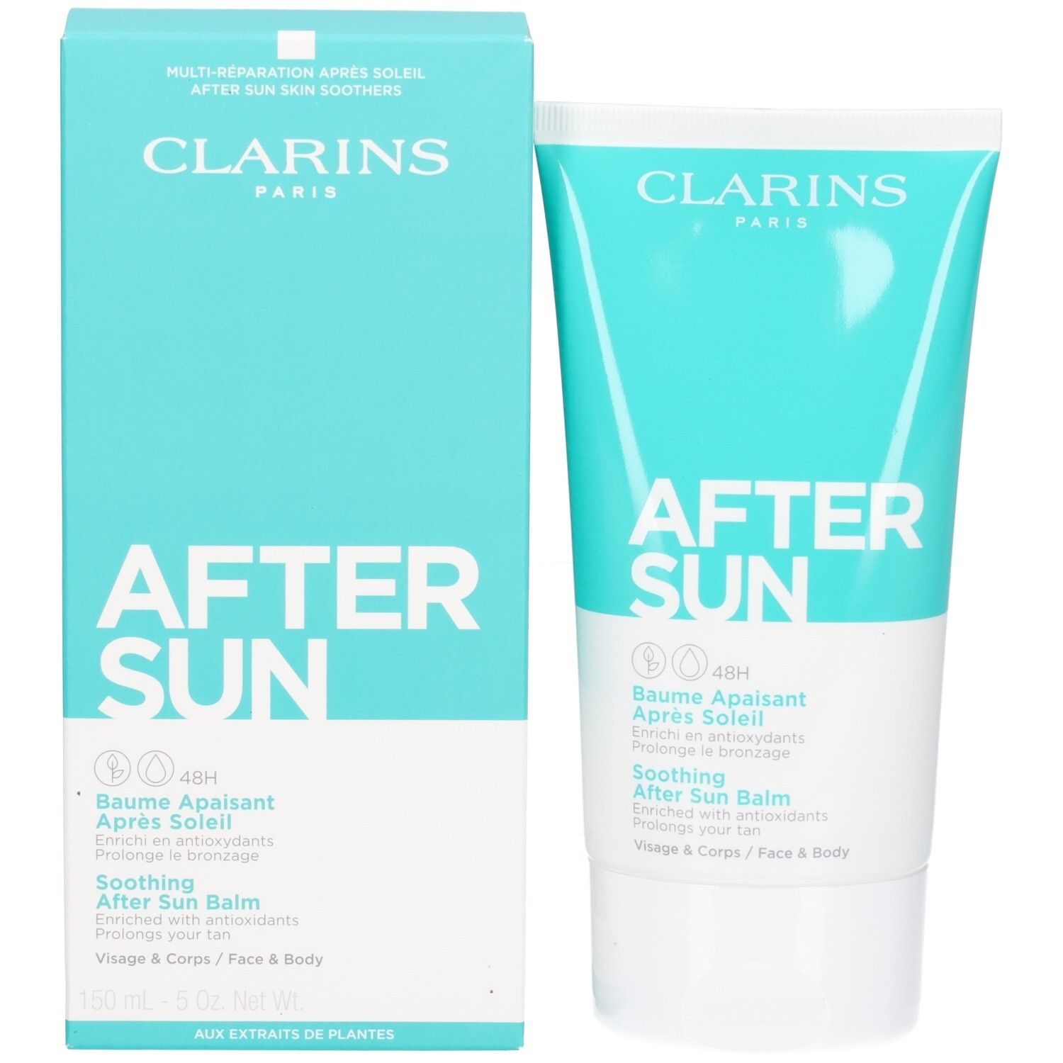Tube et boîte de Baume Après-Soleil Clarins. Turquoise et blanc, 150ml.