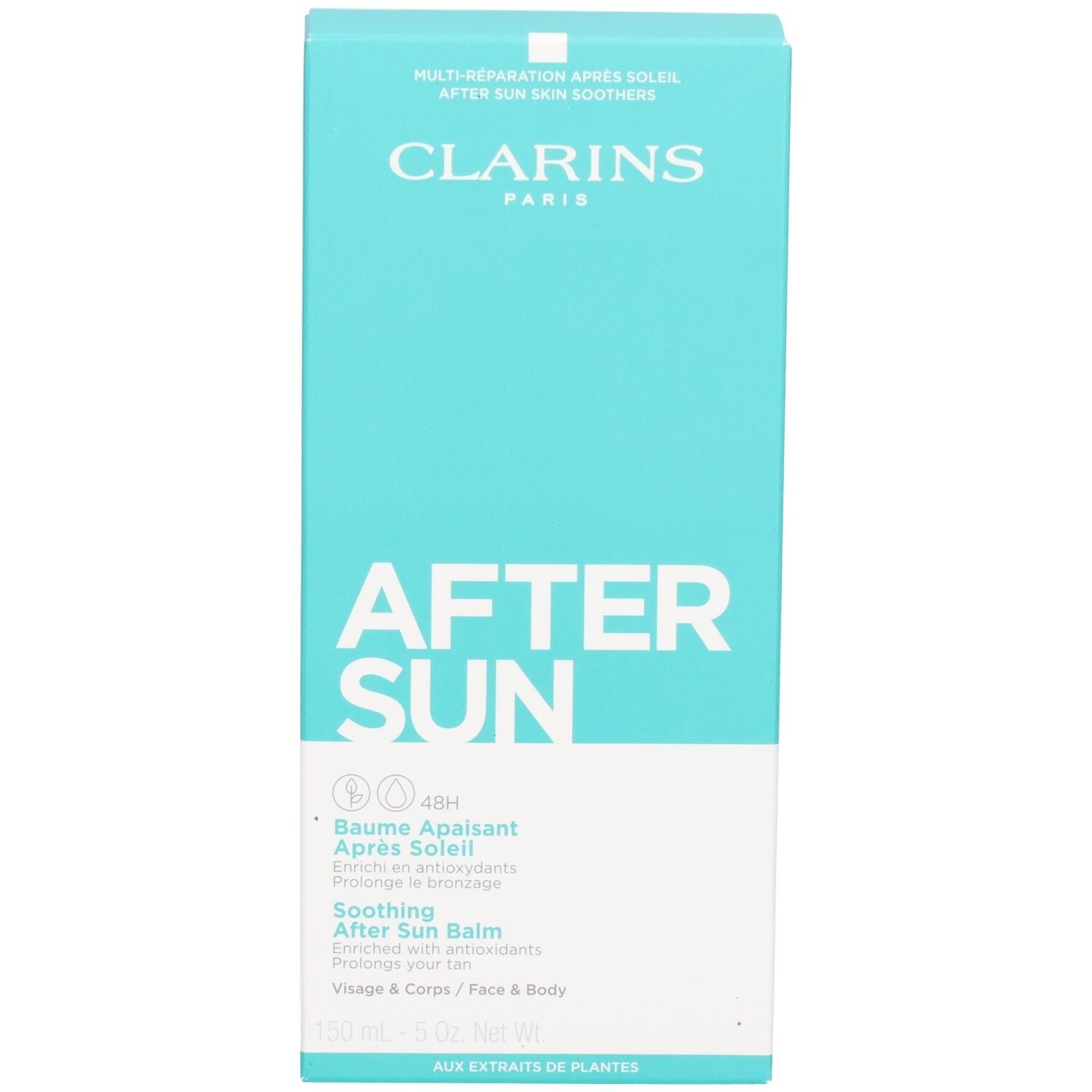 Boîte de Baume Après-Soleil Clarins. Turquoise et blanc, 150ml.