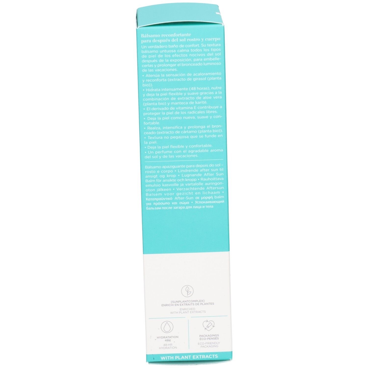 Côté de la boîte de Baume Après-Soleil Clarins avec instructions.