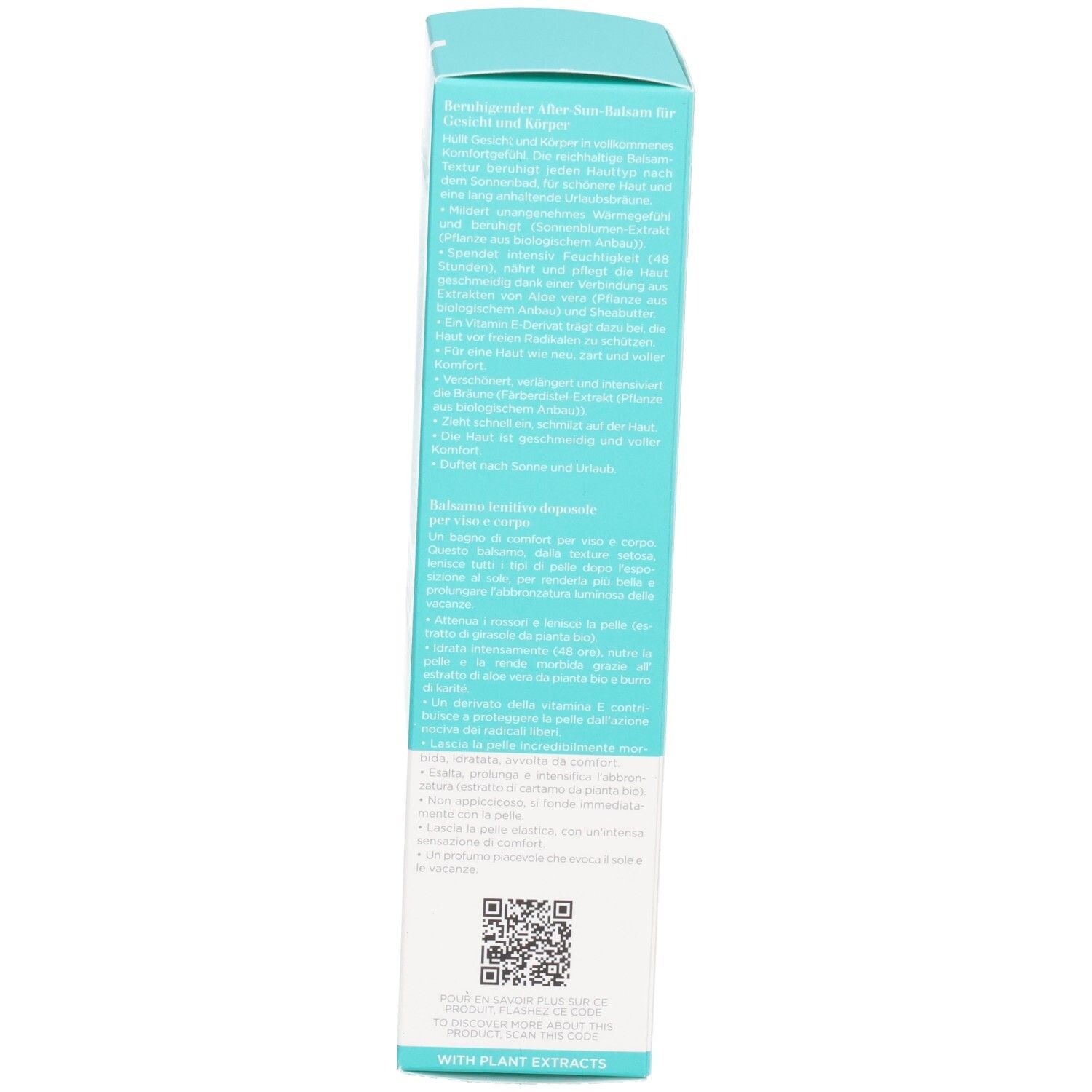 Côté de la boîte de Baume Après-Soleil Clarins avec instructions et QR code.