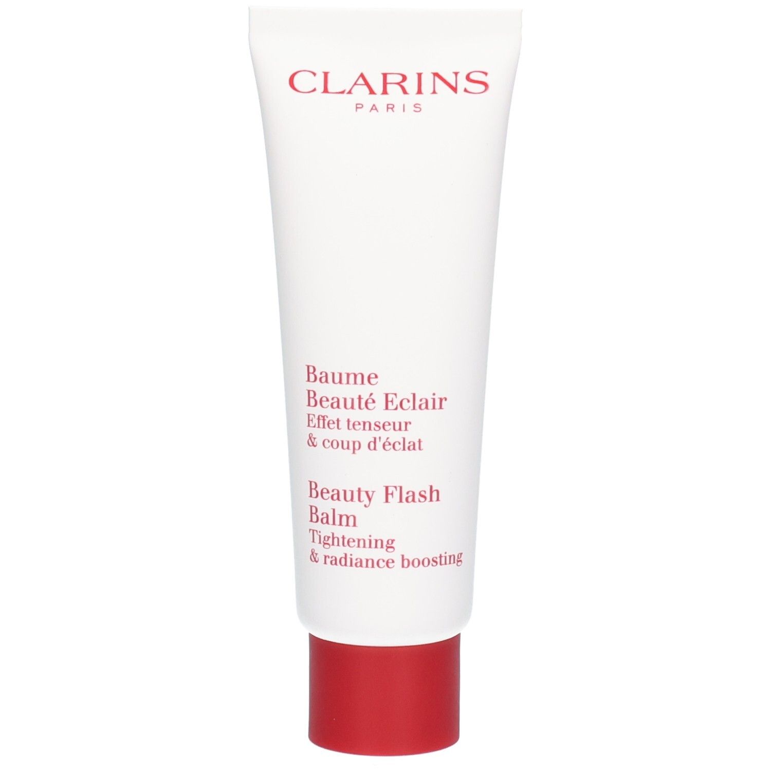 Tube de Baume Beauté Éclair Clarins avec bouchon rouge. Contient du texte en allemand, anglais et français.