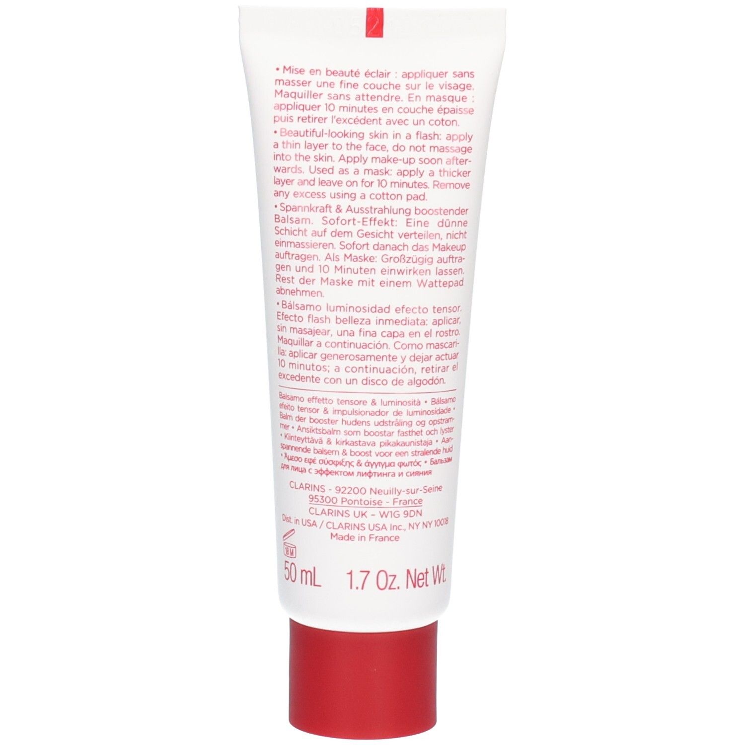 Arrière du tube Baume Beauté Éclair Clarins avec instructions d'utilisation et ingrédients en plusieurs langues.