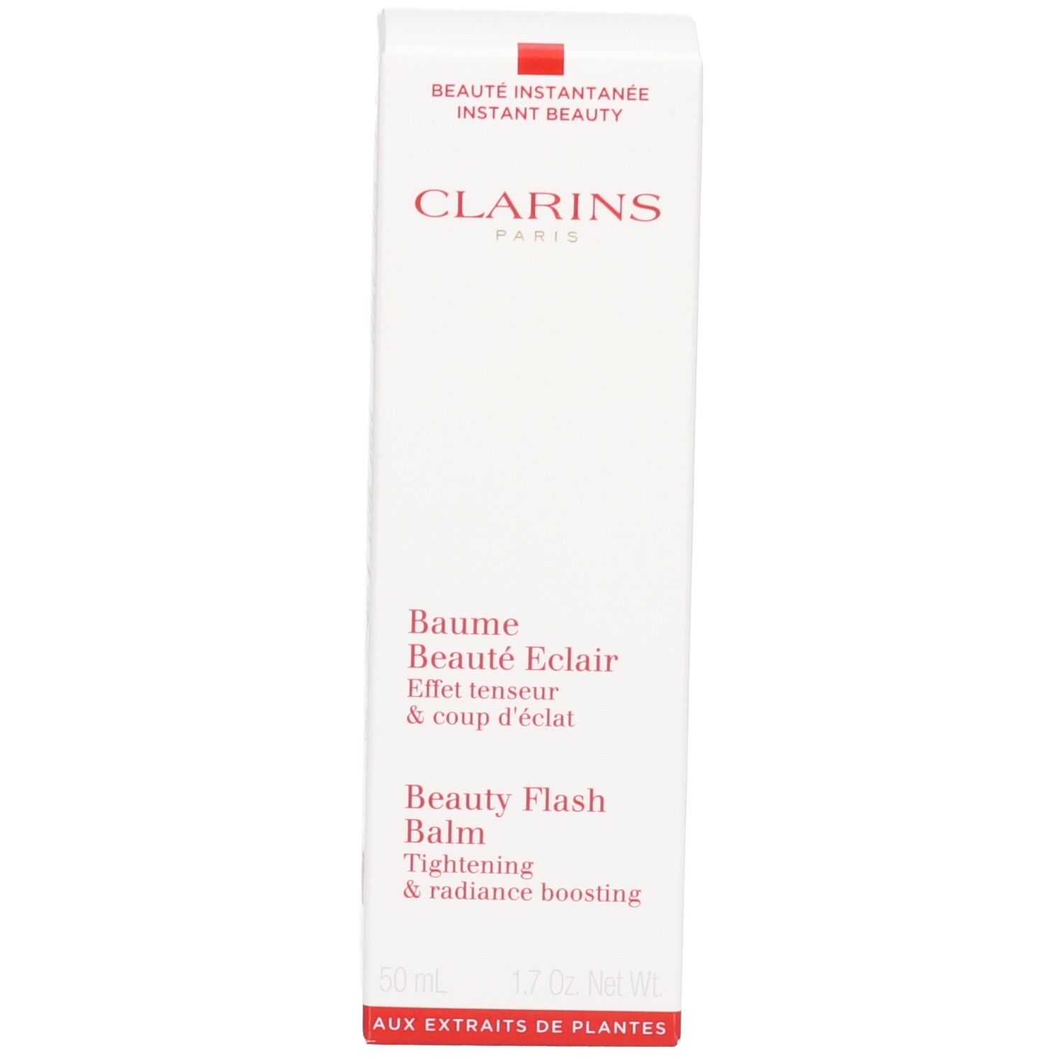 Emballage du Baume Beauté Éclair Clarins avec accent rouge et texte en plusieurs langues.