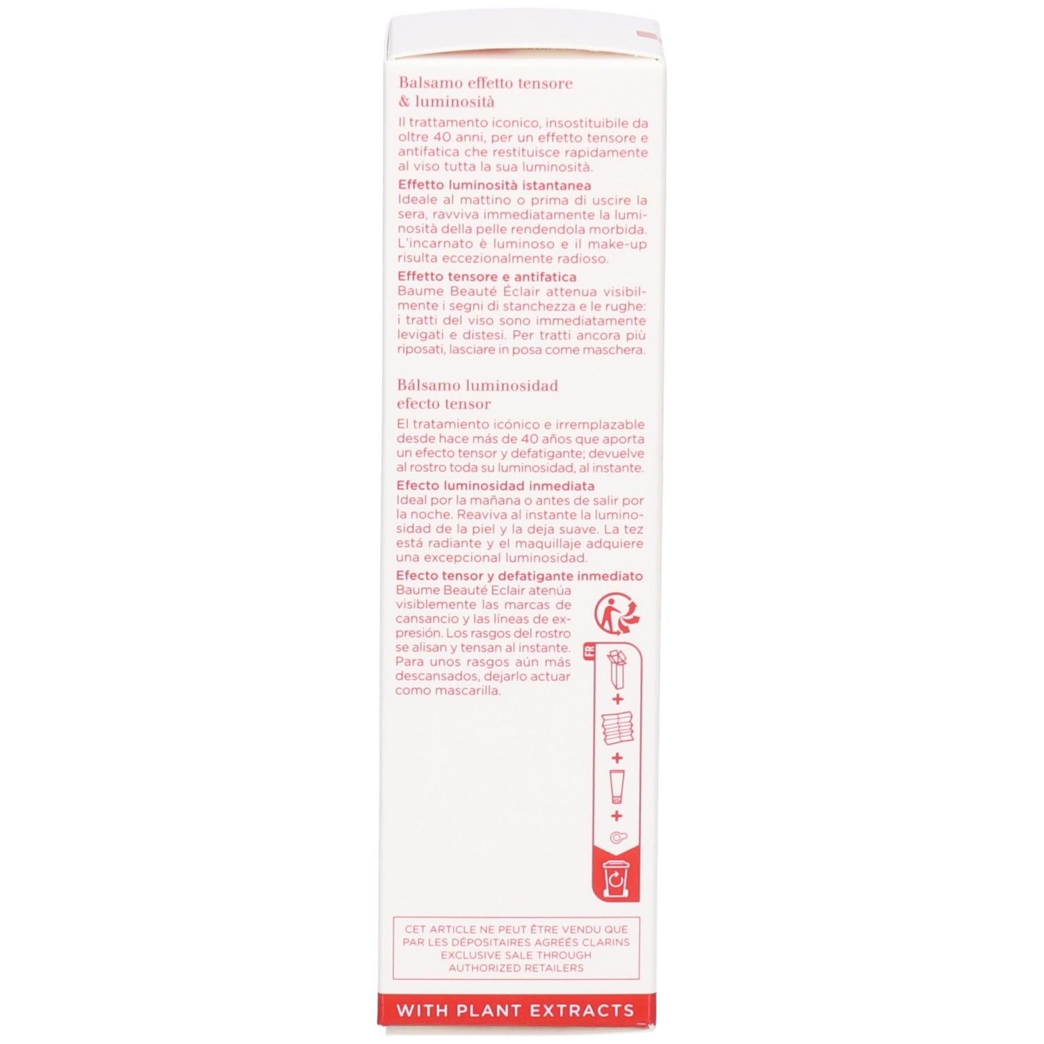 Côté de l'emballage Baume Beauté Éclair Clarins avec instructions d'utilisation et ingrédients.