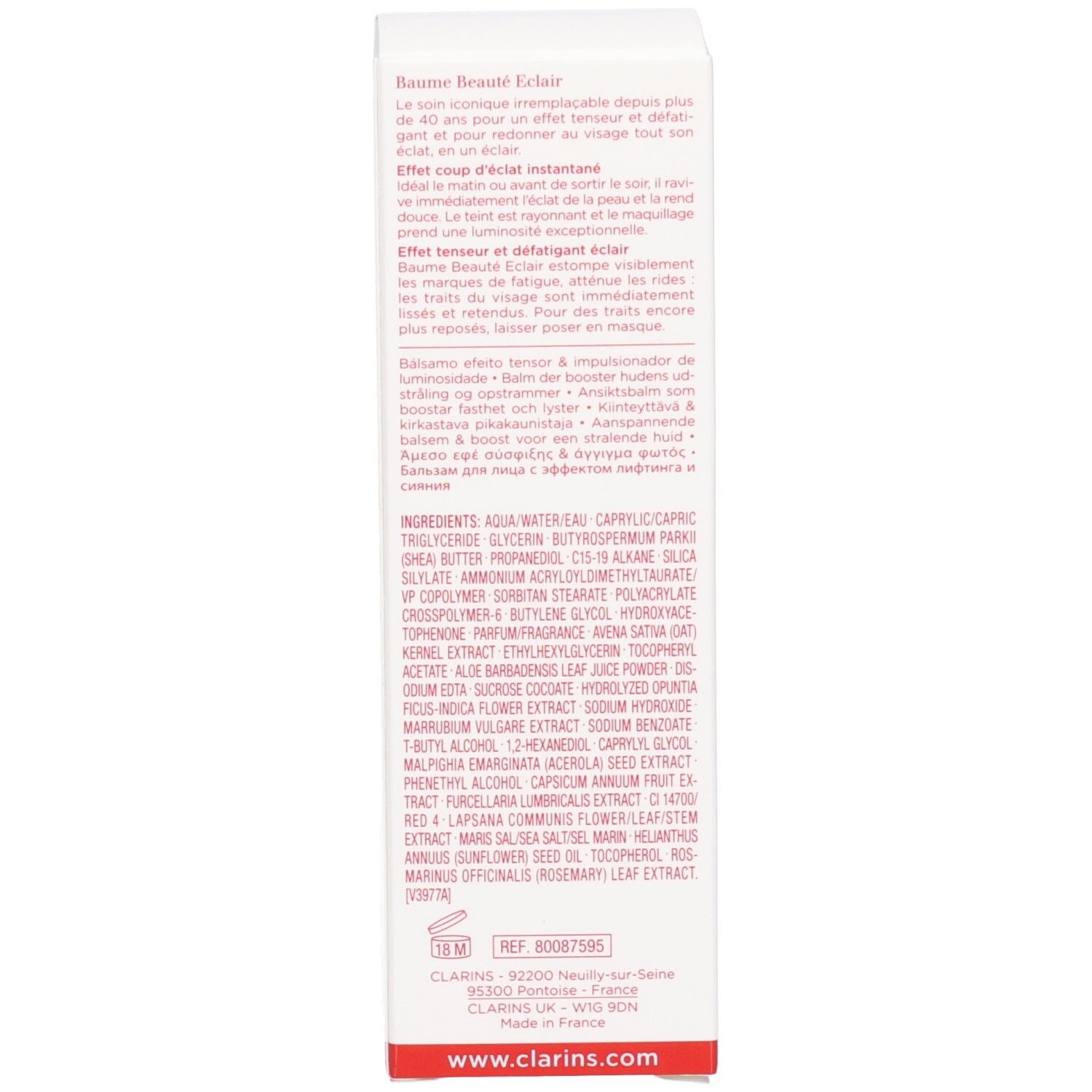 Côté de l'emballage Baume Beauté Éclair Clarins avec ingrédients et détails de fabrication.