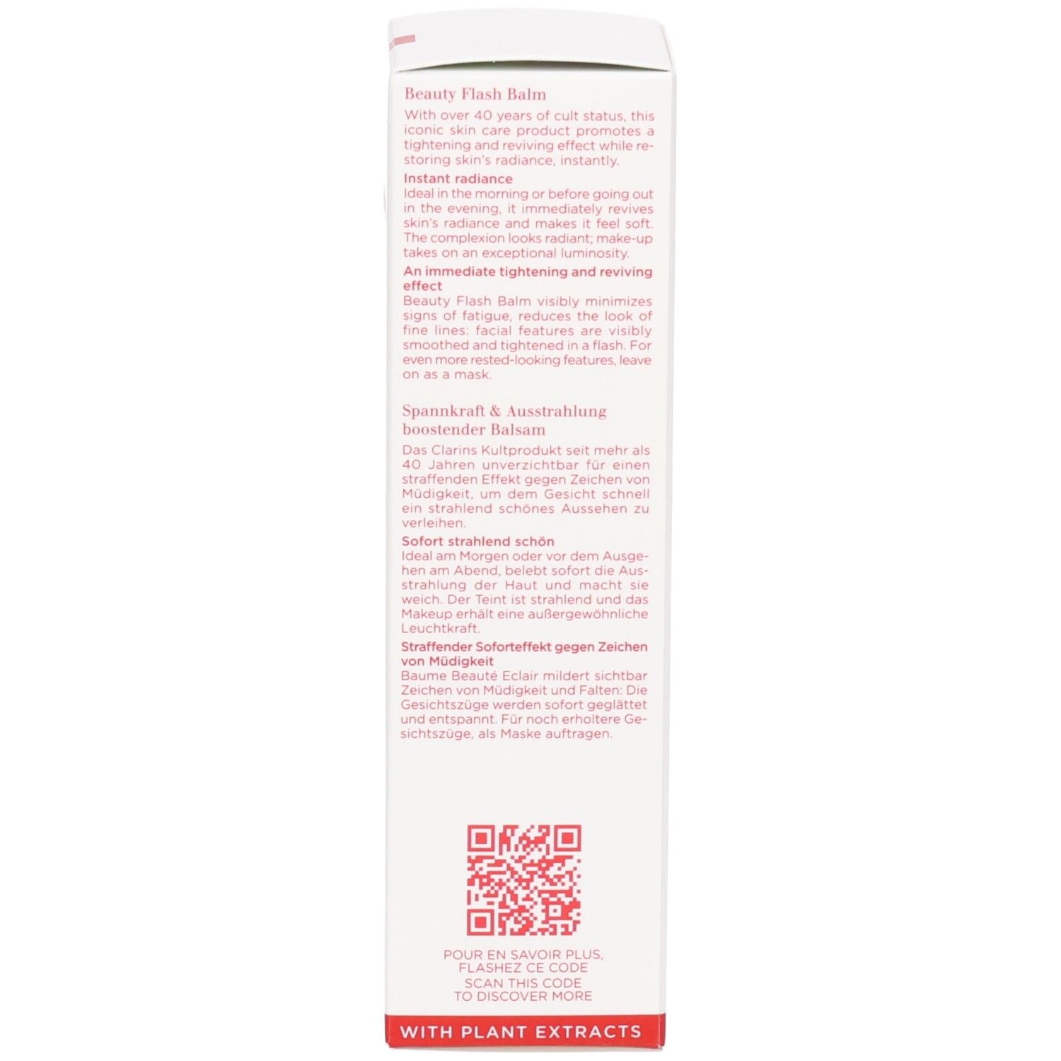Arrière de l'emballage Baume Beauté Éclair Clarins avec code QR et texte 'With Plant Extracts'.