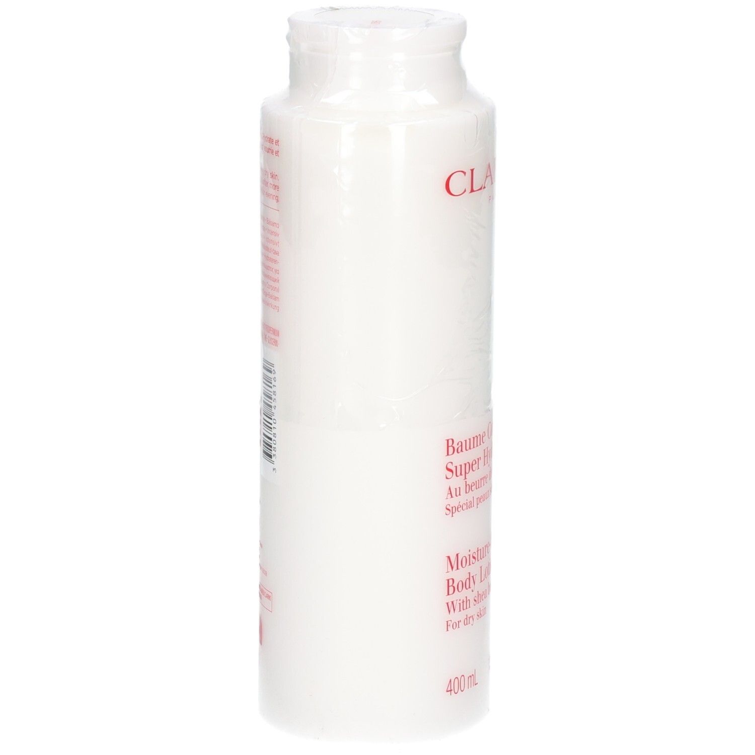 Clarins Baume Corps: Vue latérale du flacon blanc avec logo et texte rouges. Contient du beurre de karité.