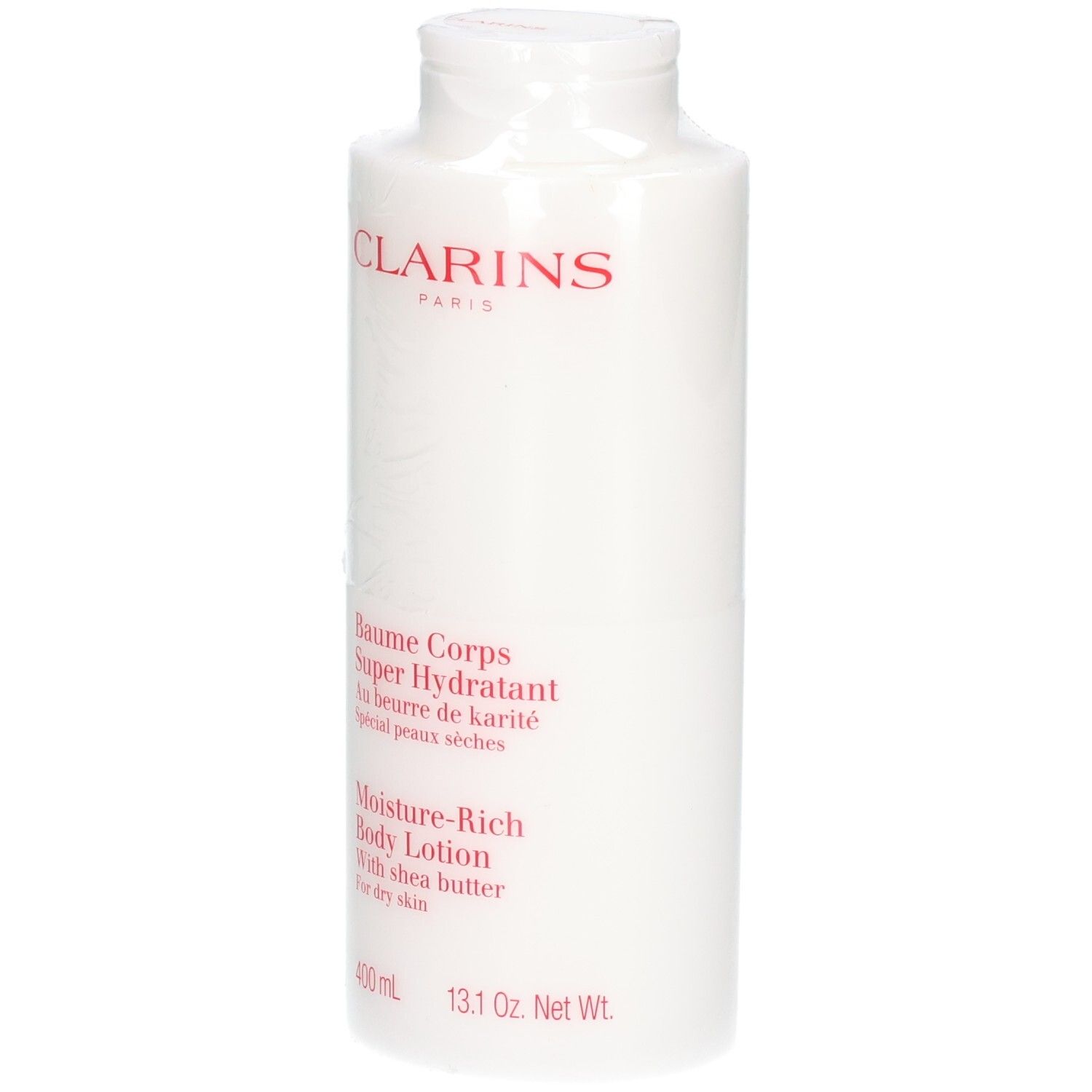 Clarins Baume Corps: Flacon blanc avec logo et texte rouges. Contient du beurre de karité pour peau sèche.