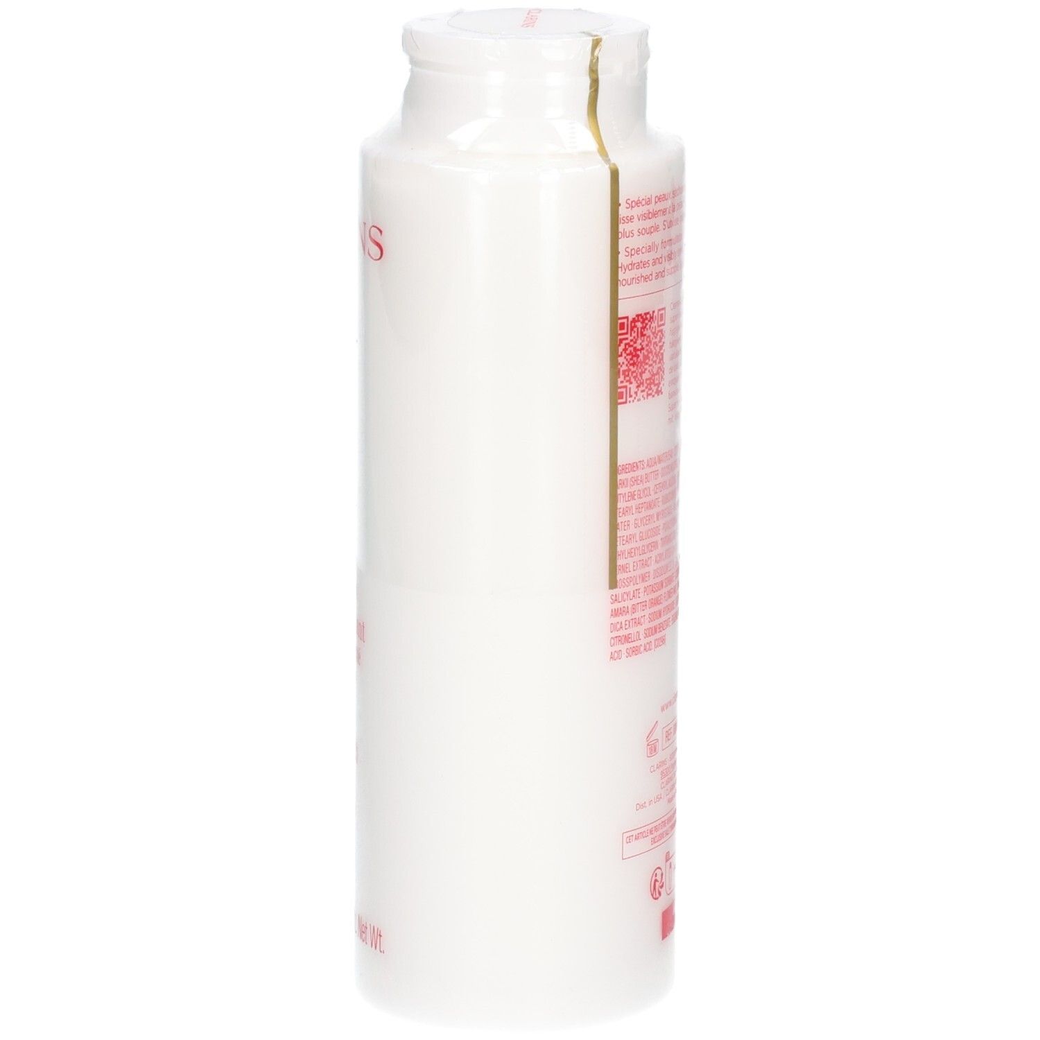 Clarins Baume Corps: Vue latérale du flacon blanc avec logo et texte rouges. Contient du beurre de karité.