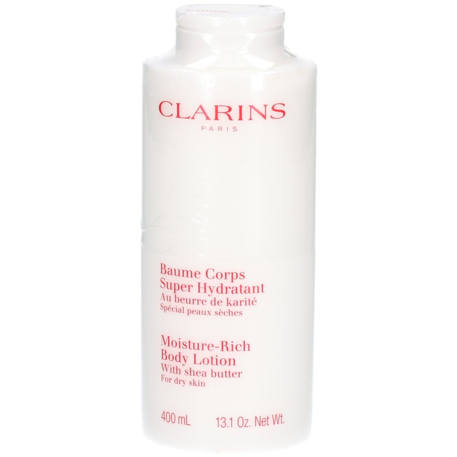 Clarins Baume Corps: Flacon blanc avec logo et texte rouges. Contient du beurre de karité pour peau sèche.