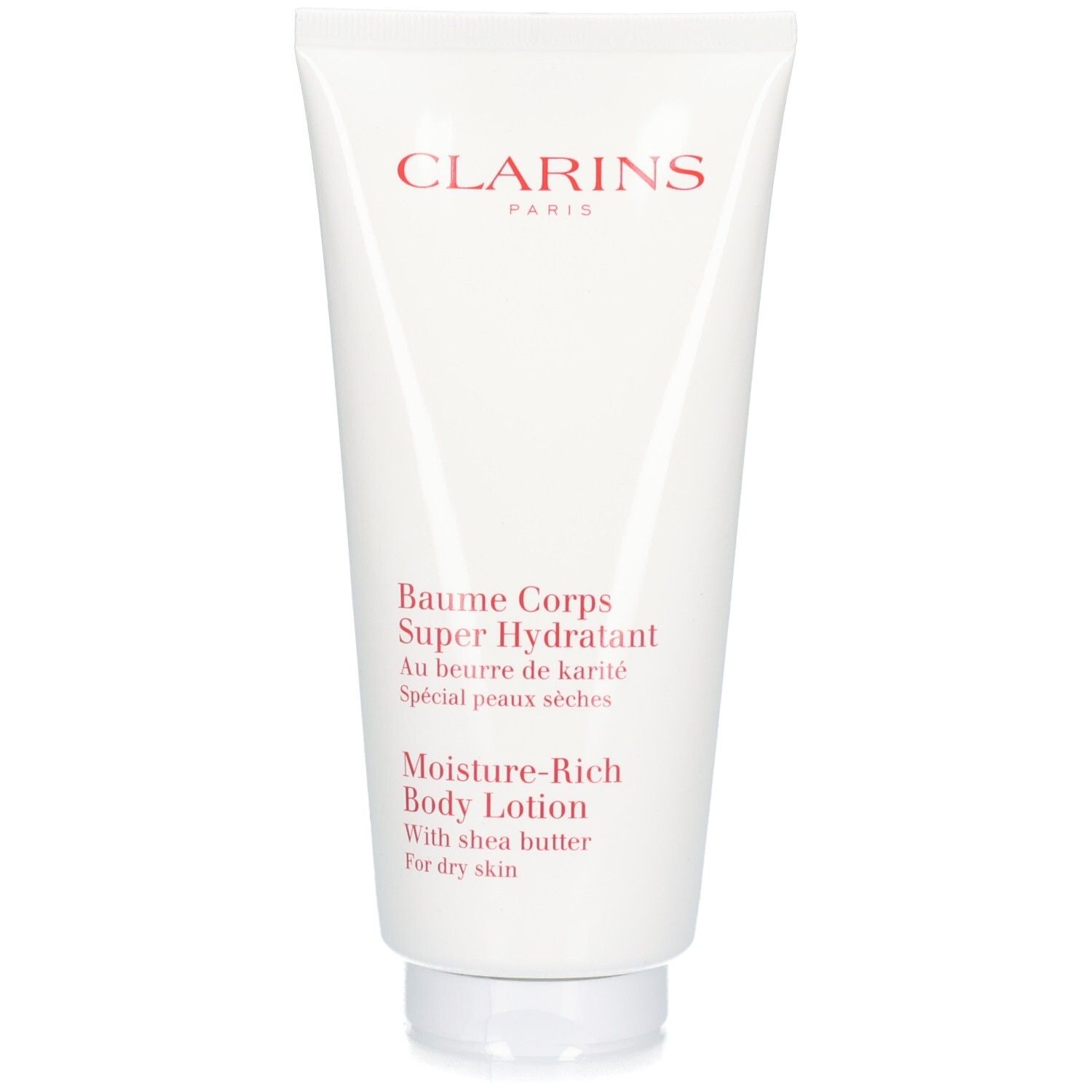 Lotion corporelle hydratante Clarins dans un tube blanc avec inscription rouge.