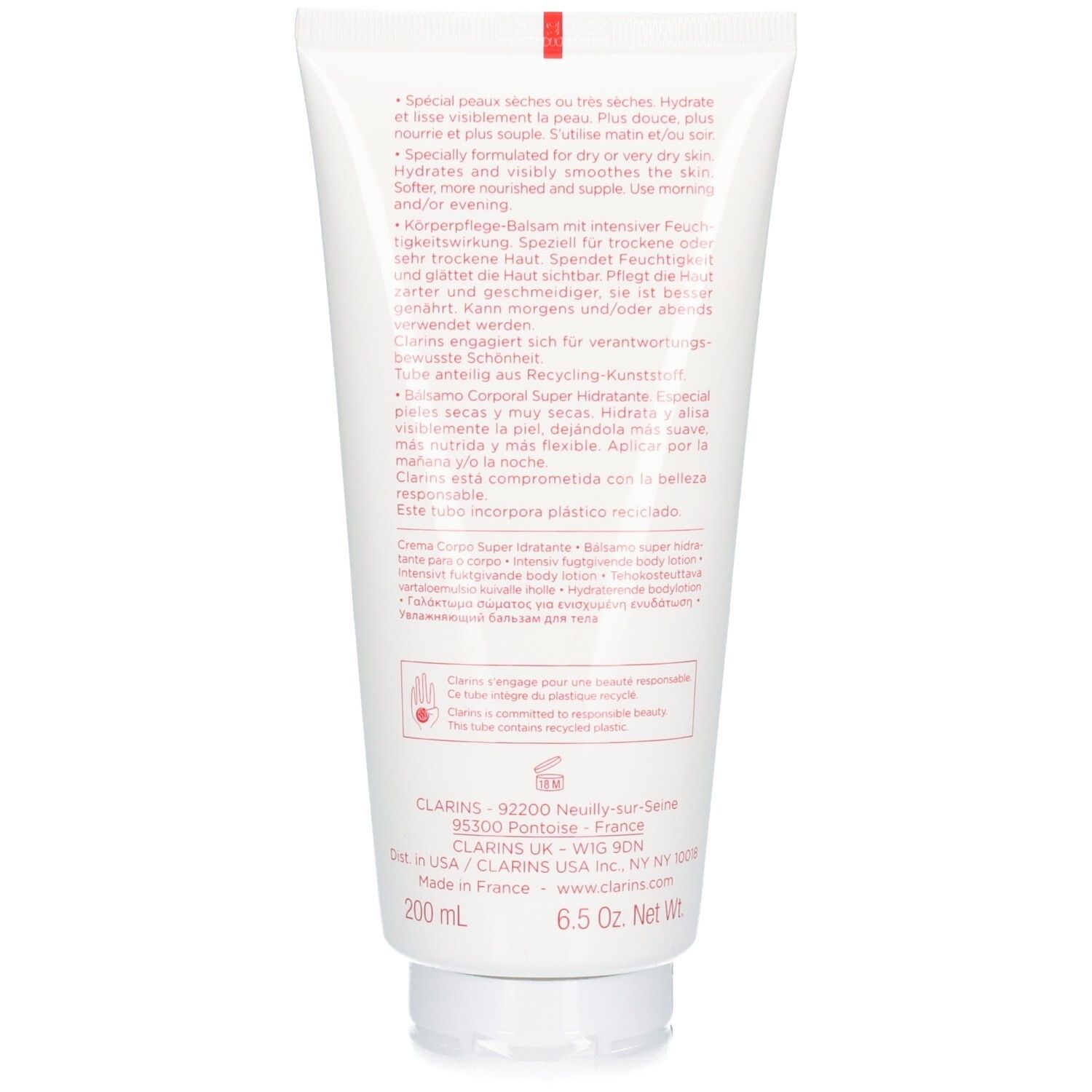 Arrière d'un tube de lotion corporelle Clarins avec informations produit et mention 200 ml.