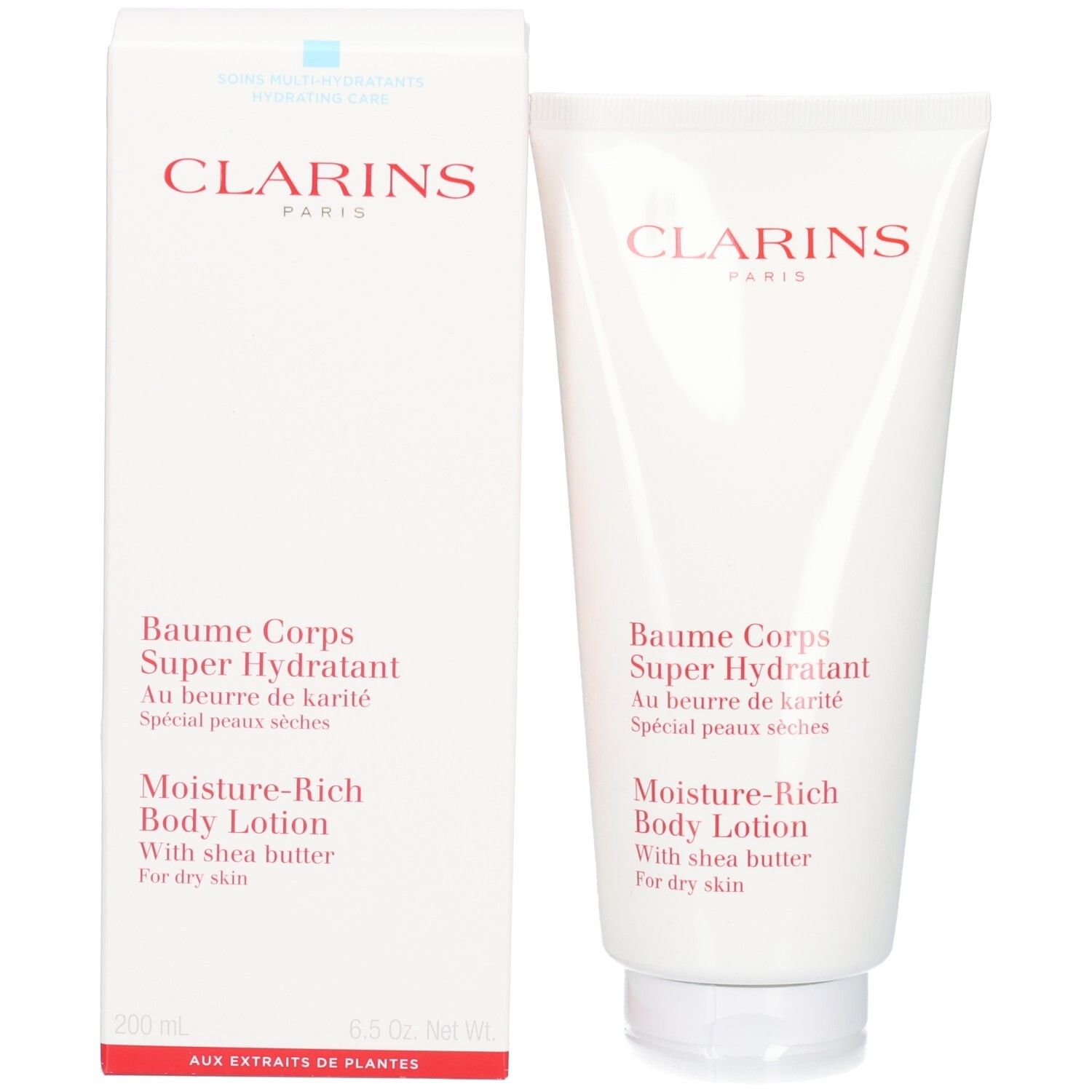 Lotion corporelle Clarins et sa boîte d'emballage, toutes deux avec inscription rouge.