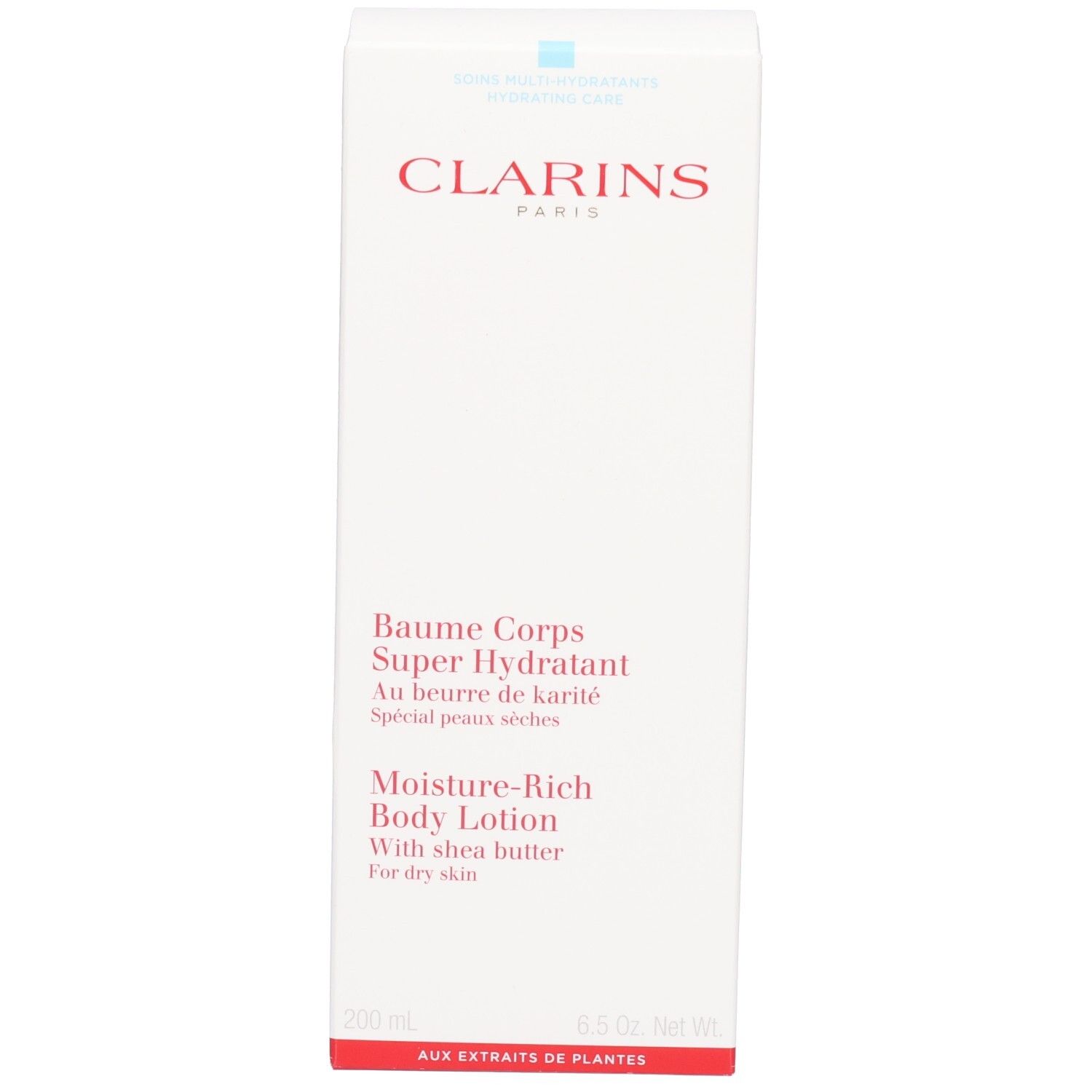 Boîte d'emballage de la lotion corporelle Clarins avec inscription rouge et informations produit.