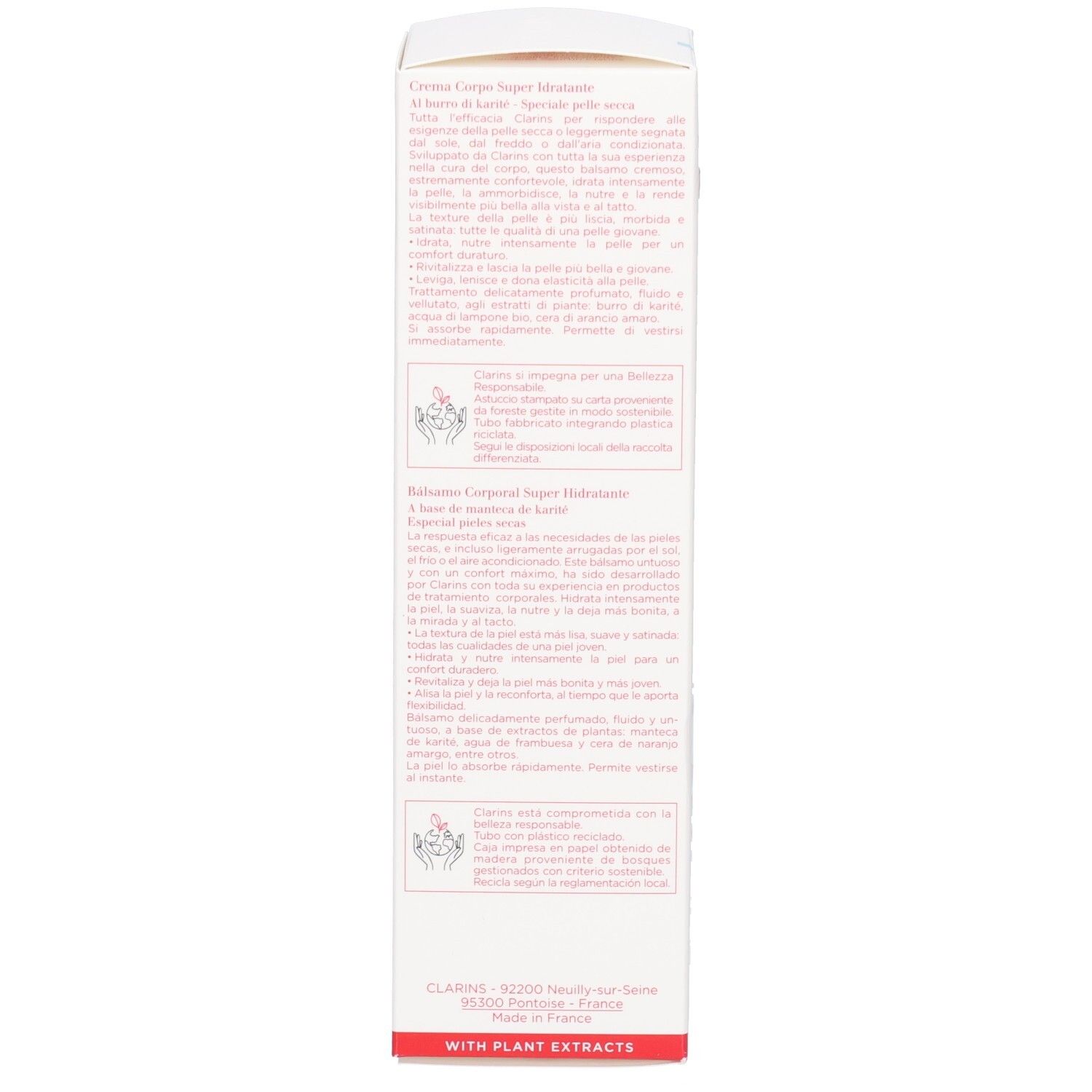 Côté de l'emballage de la lotion corporelle Clarins avec instructions d'application détaillées.