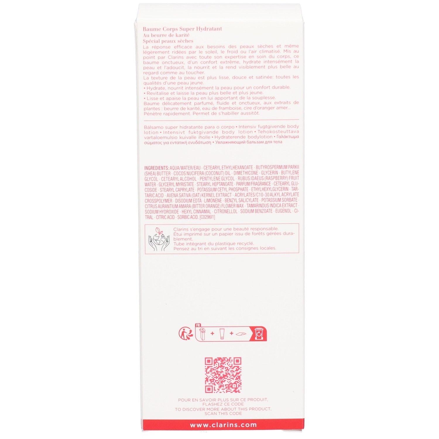 Arrière de l'emballage de la lotion corporelle Clarins avec ingrédients et code QR.