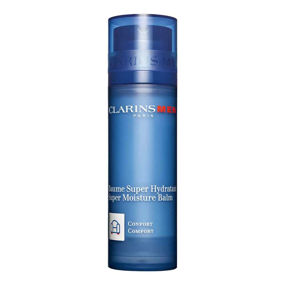 Baume Super Hydratant Clarins Men dans un flacon pompe bleu.