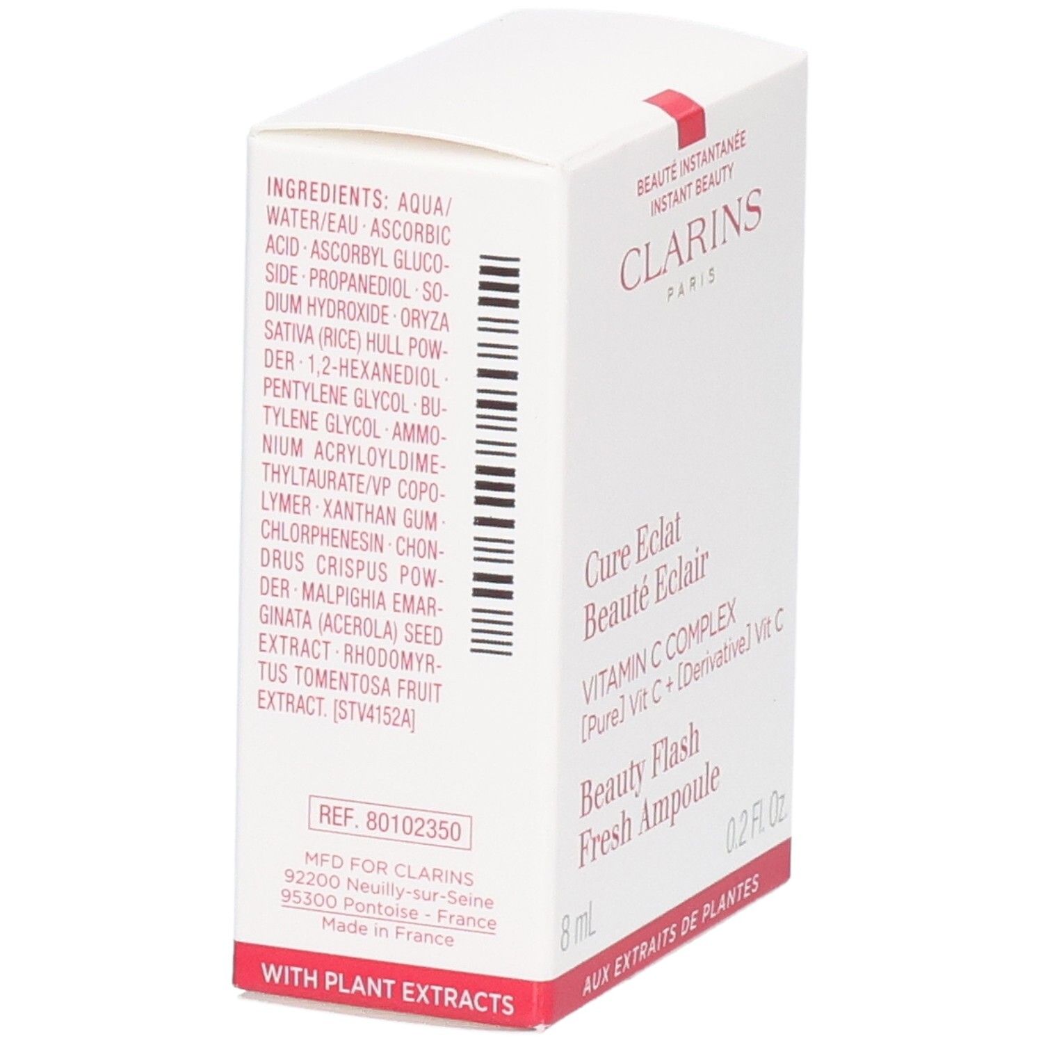 Arrière de la boîte Clarins Ampoule avec ingrédients et numéro de référence.