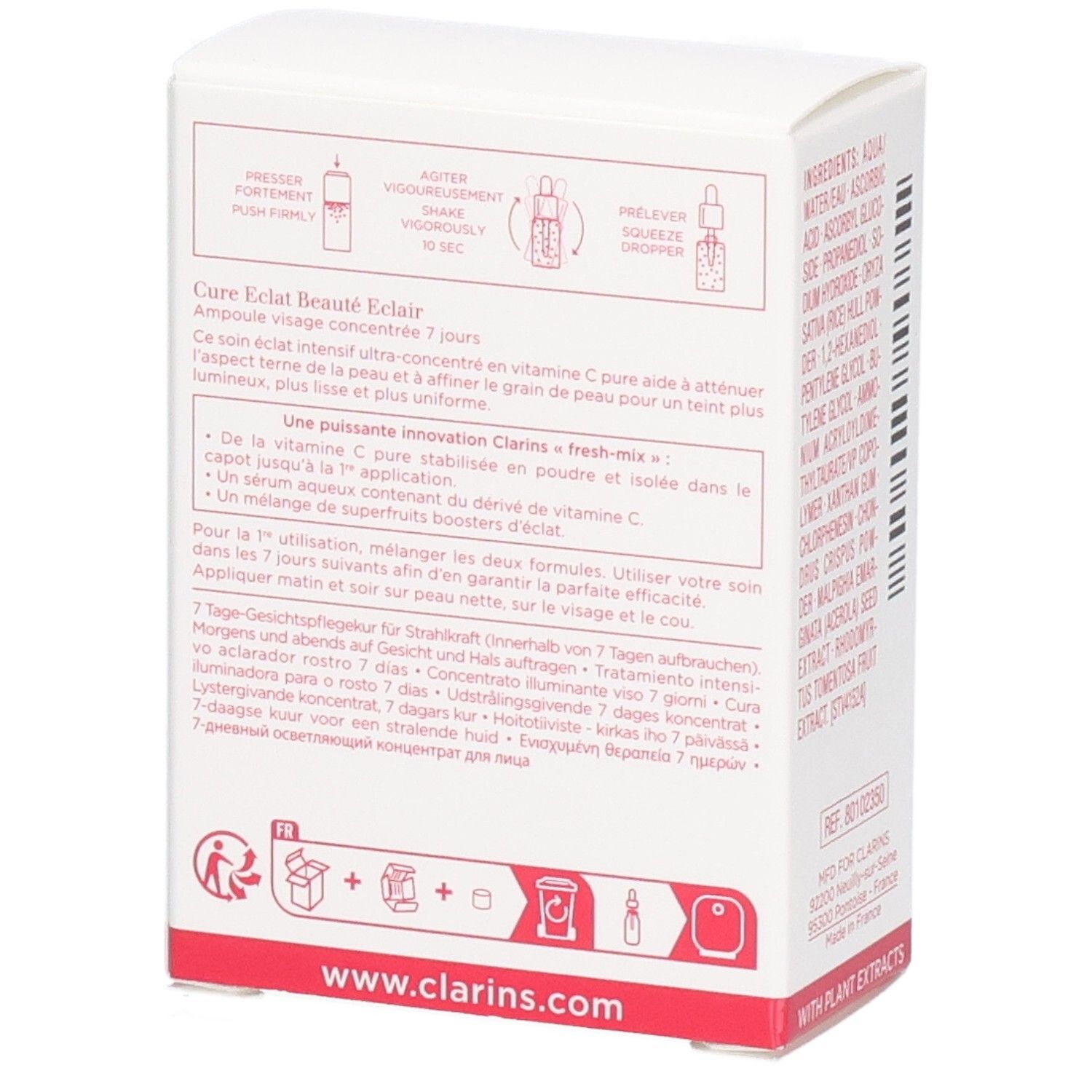 Arrière de la boîte Clarins Ampoule avec instructions d'utilisation et site web.
