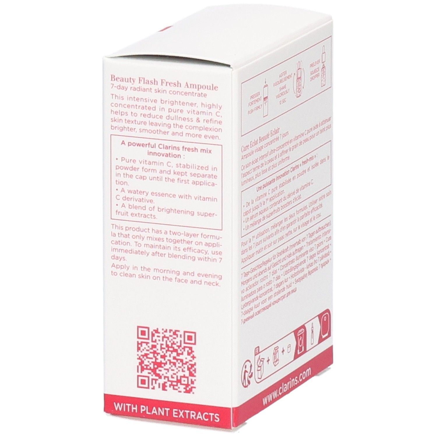 Face avant de la boîte Clarins Beauty Flash Fresh Ampoule avec description du produit.