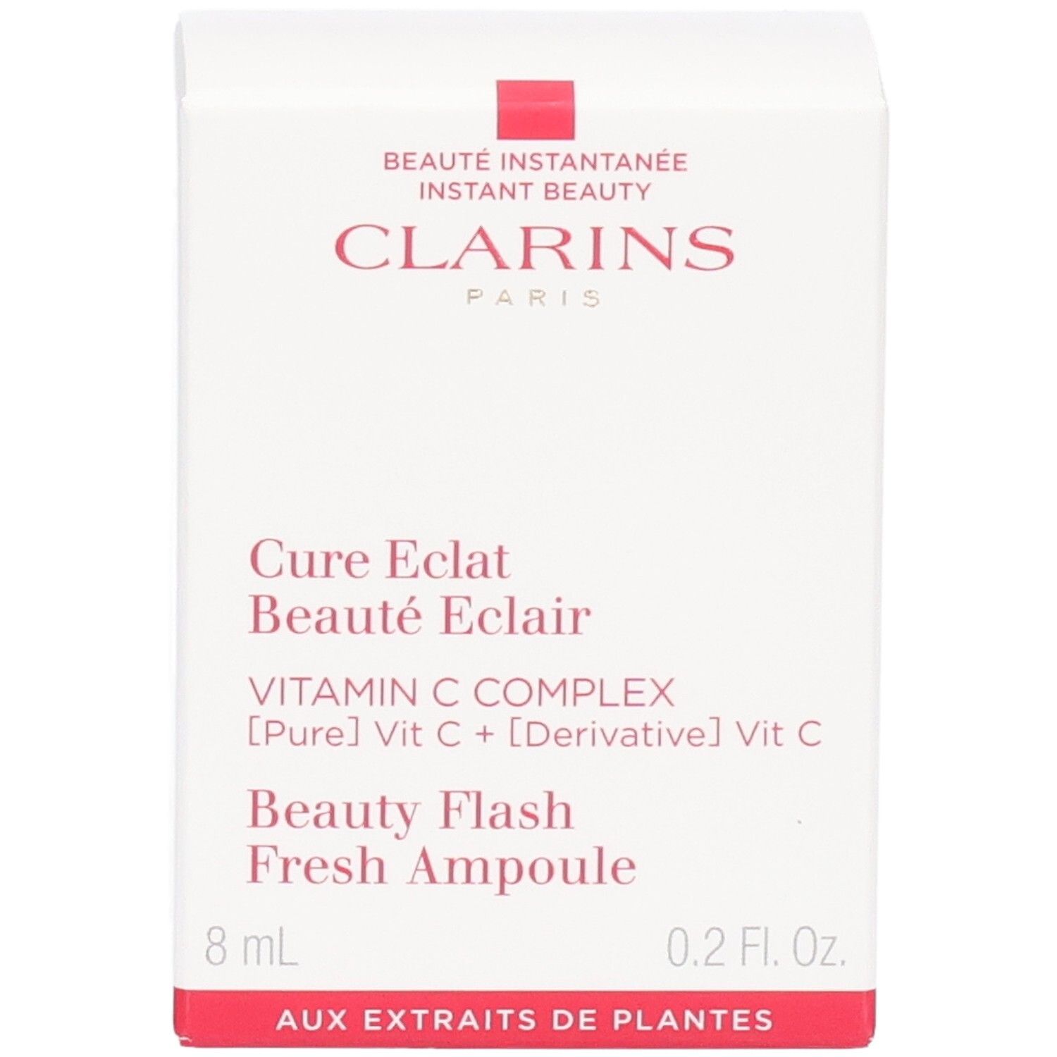 Face avant de la boîte Clarins Beauty Flash Fresh Ampoule avec informations produit.