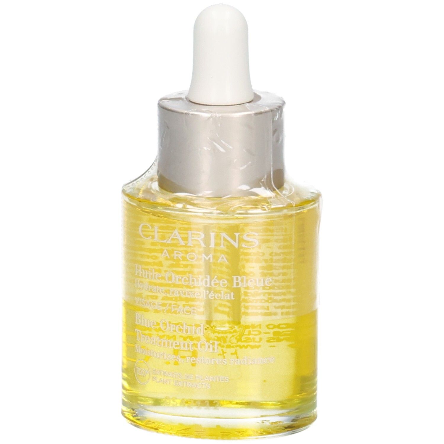 Huile Visage Orchidée Bleue Clarins, flacon en verre avec pipette, vue de face.