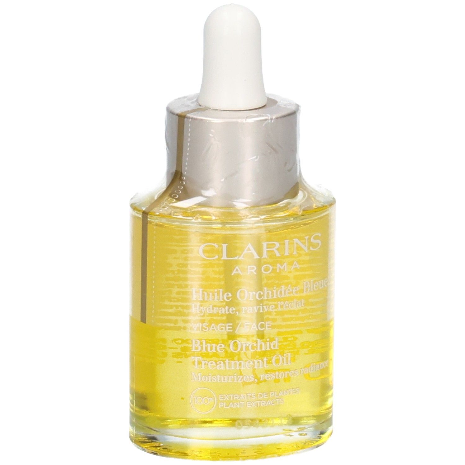 Huile Visage Orchidée Bleue Clarins, flacon en verre avec pipette, légèrement de côté.