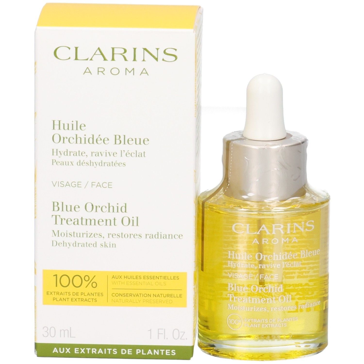 Huile Visage Orchidée Bleue Clarins et son emballage, 30 ml.