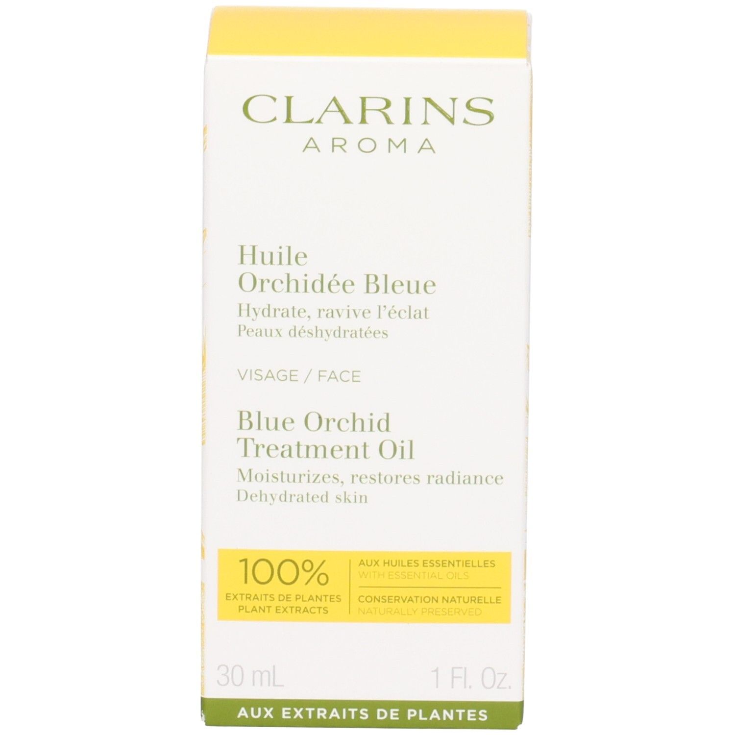 Huile Visage Orchidée Bleue Clarins et son emballage, 30 ml, vue de face.
