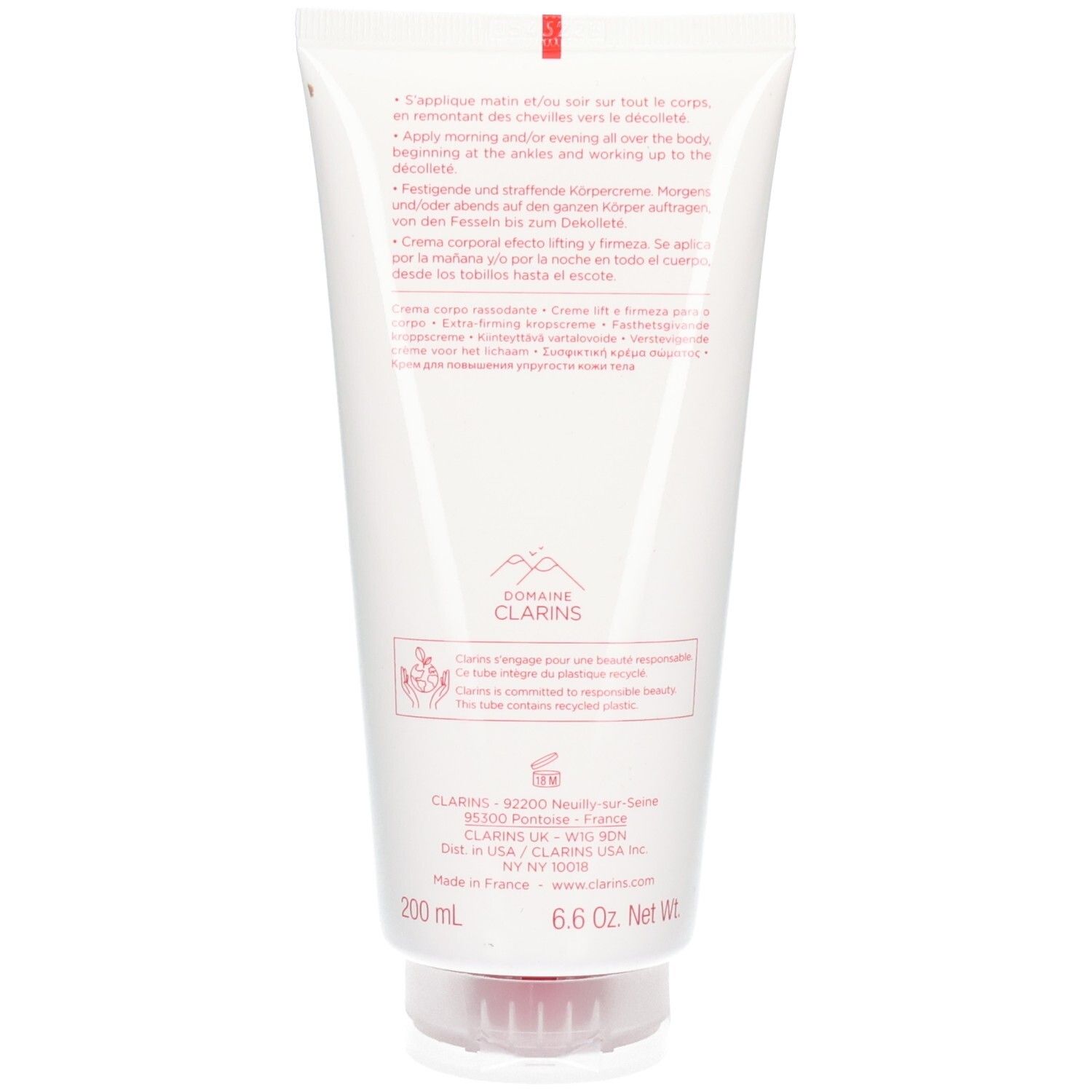 Tube Crème Corps Raffermissante Clarins, verso avec informations produit