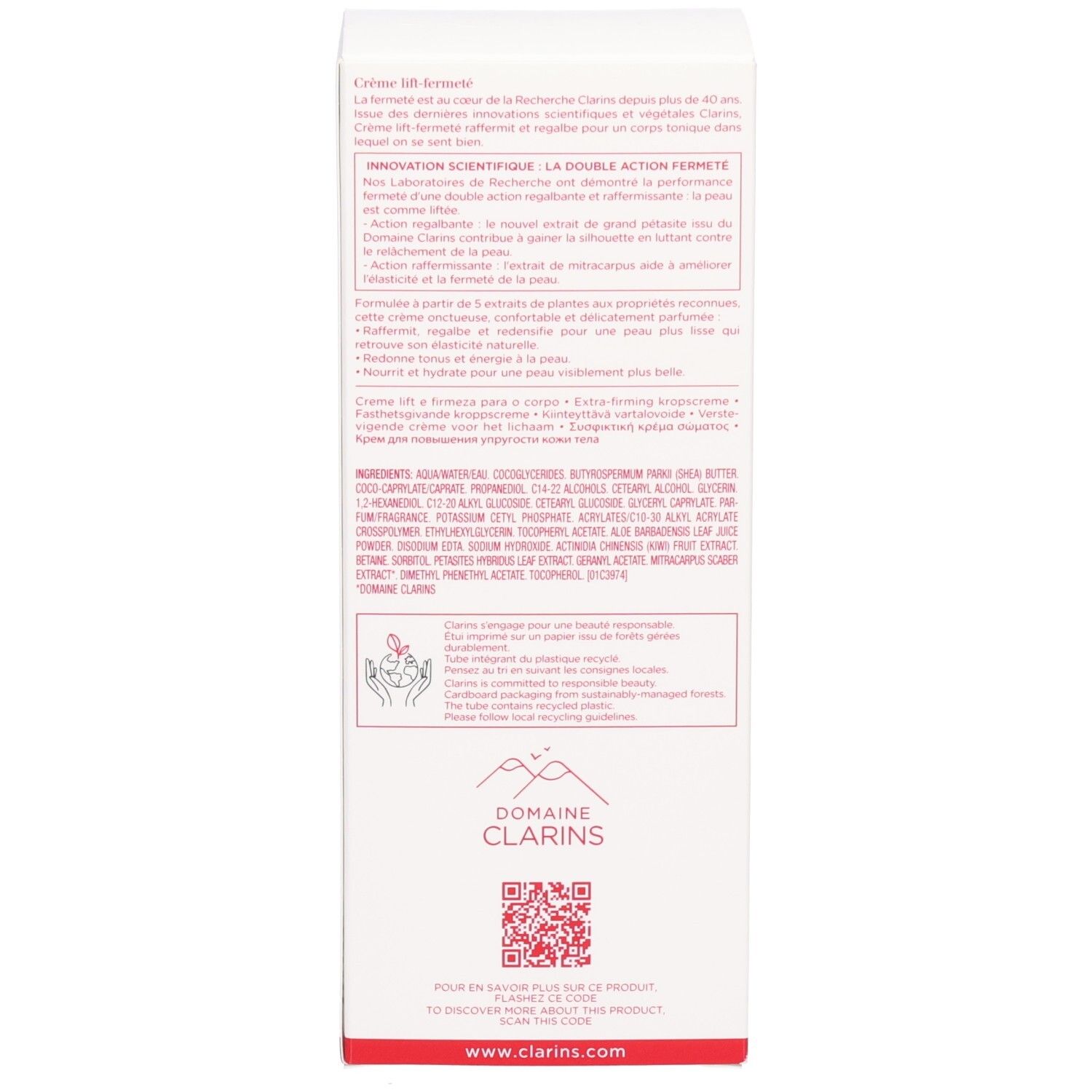 Emballage Crème Corps Raffermissante Clarins, côté avec ingrédients